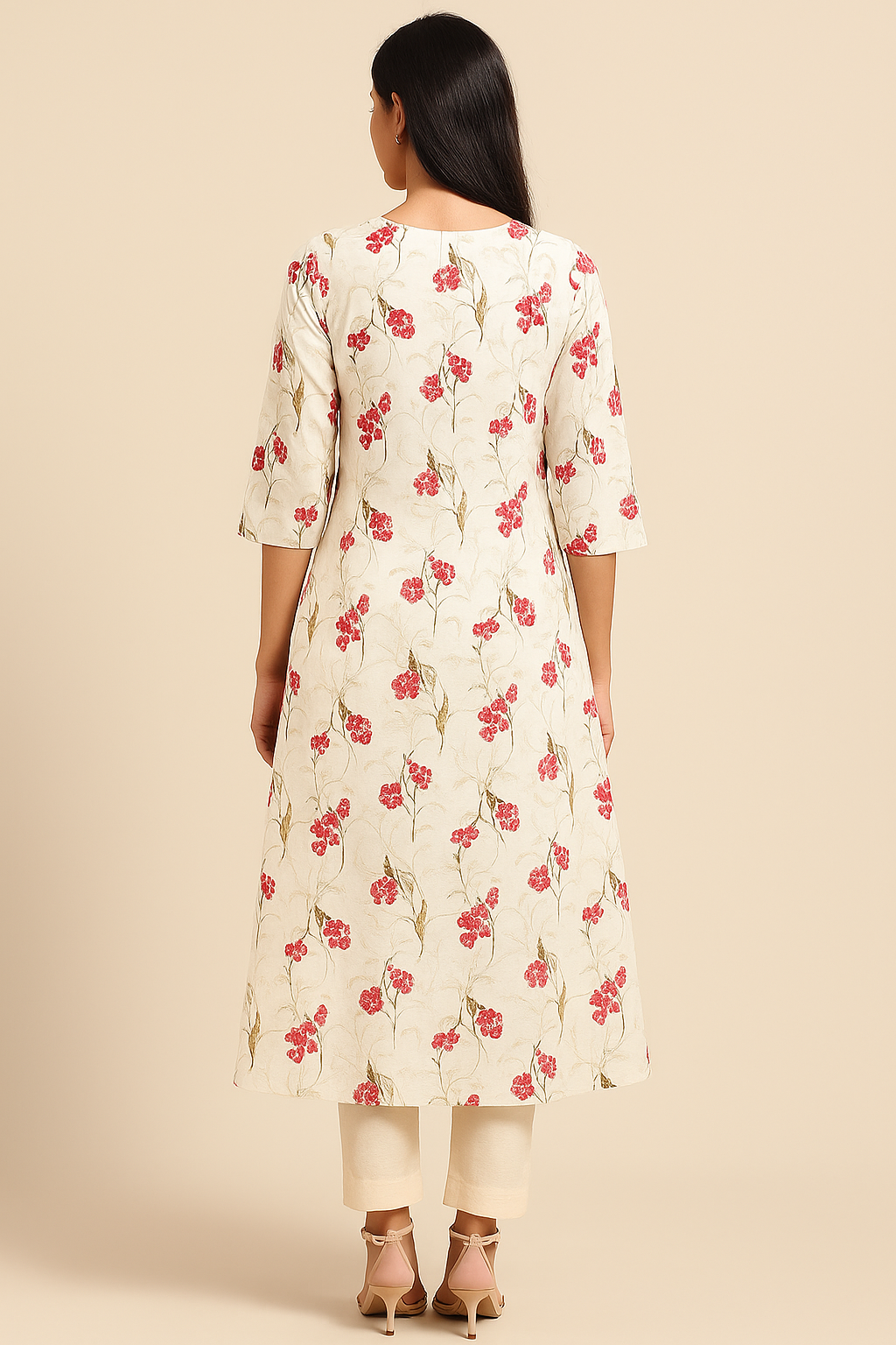 Off-White & Red Floral Print A-Line Kurta