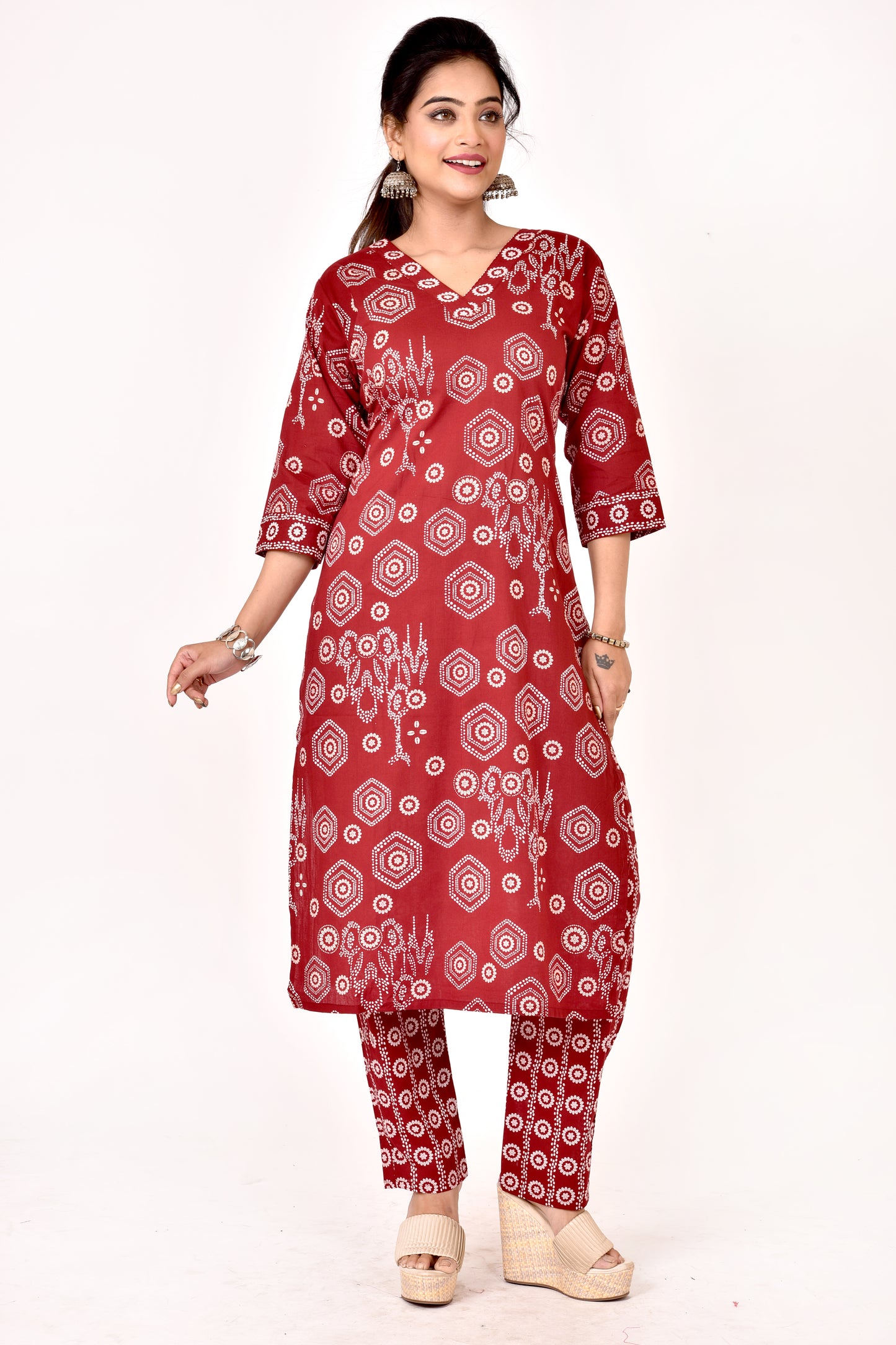 Maroon Geometric Print Kurta With Pant