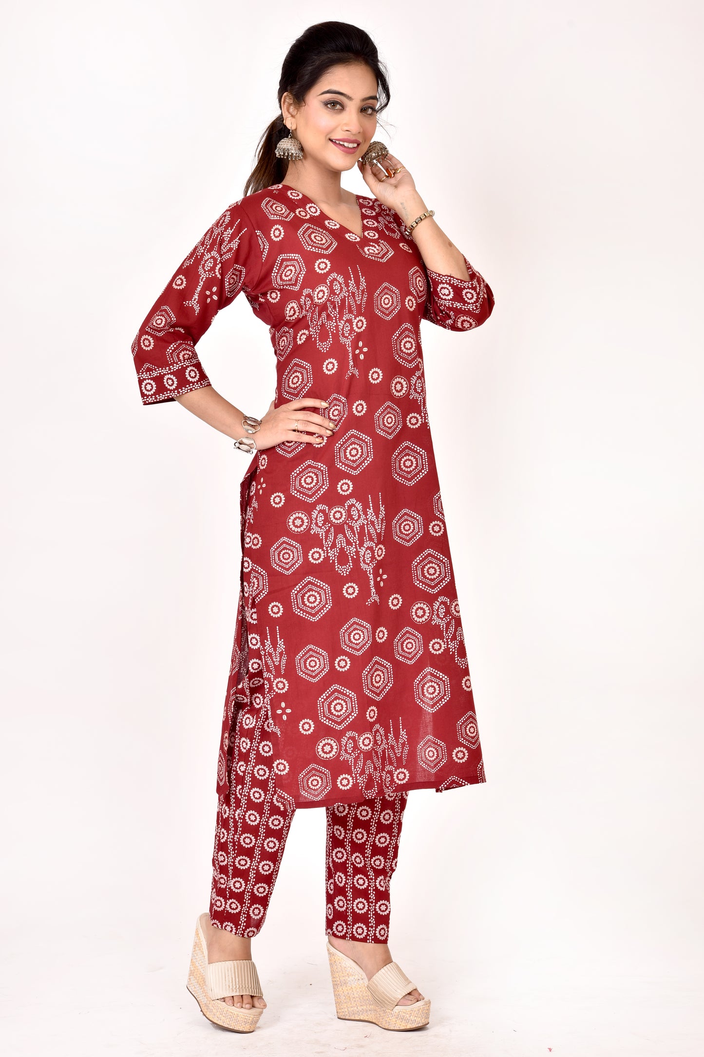 Maroon Geometric Print Kurta With Pant