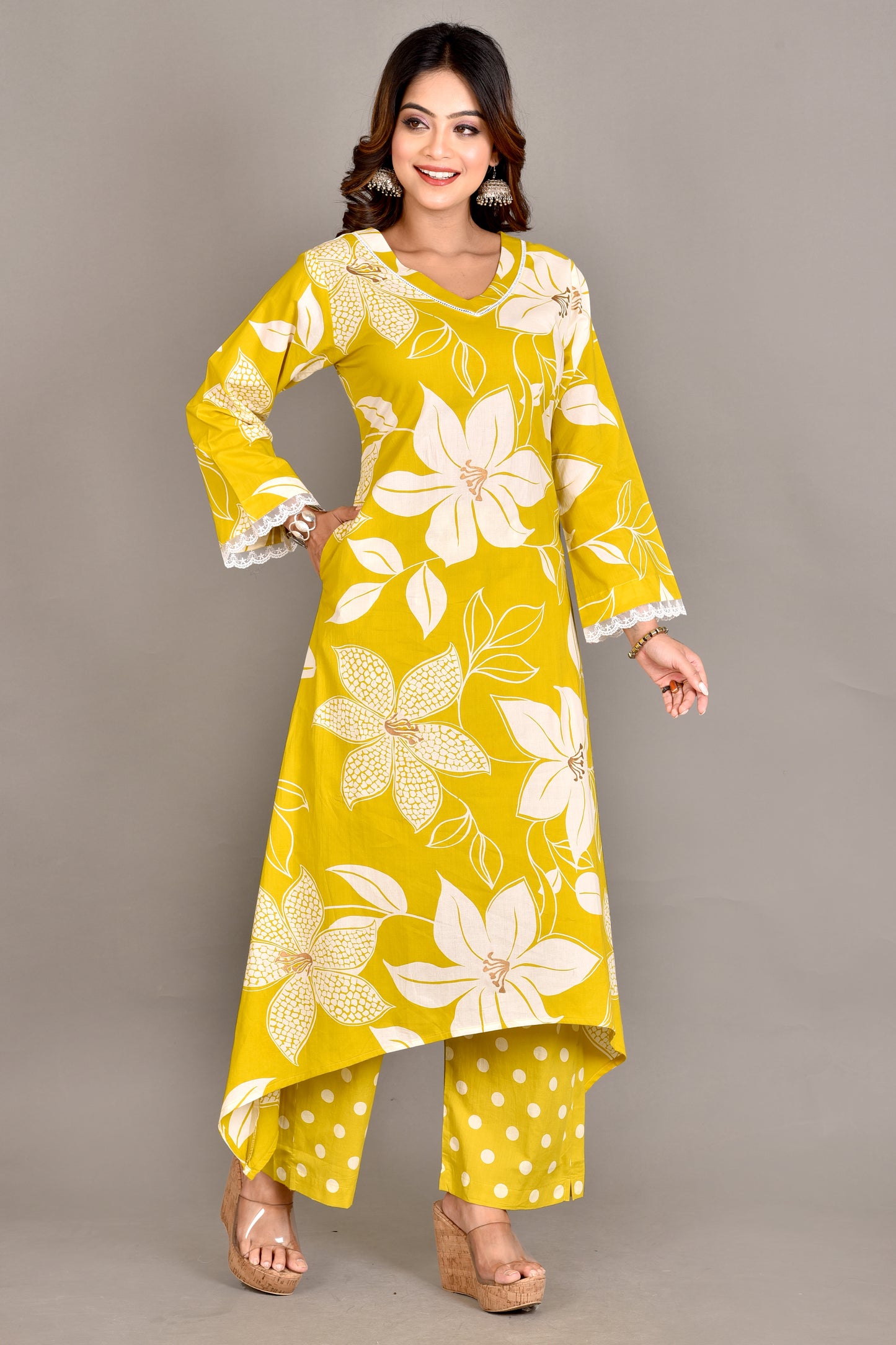 Yellow Floral Print A-Line Kurta With Pant