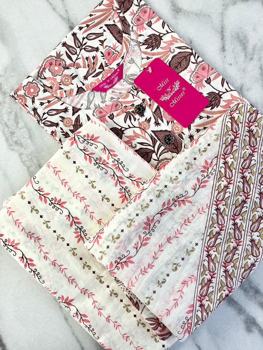 Off-White & Pink Floral Print Kurta Set with Dupatta