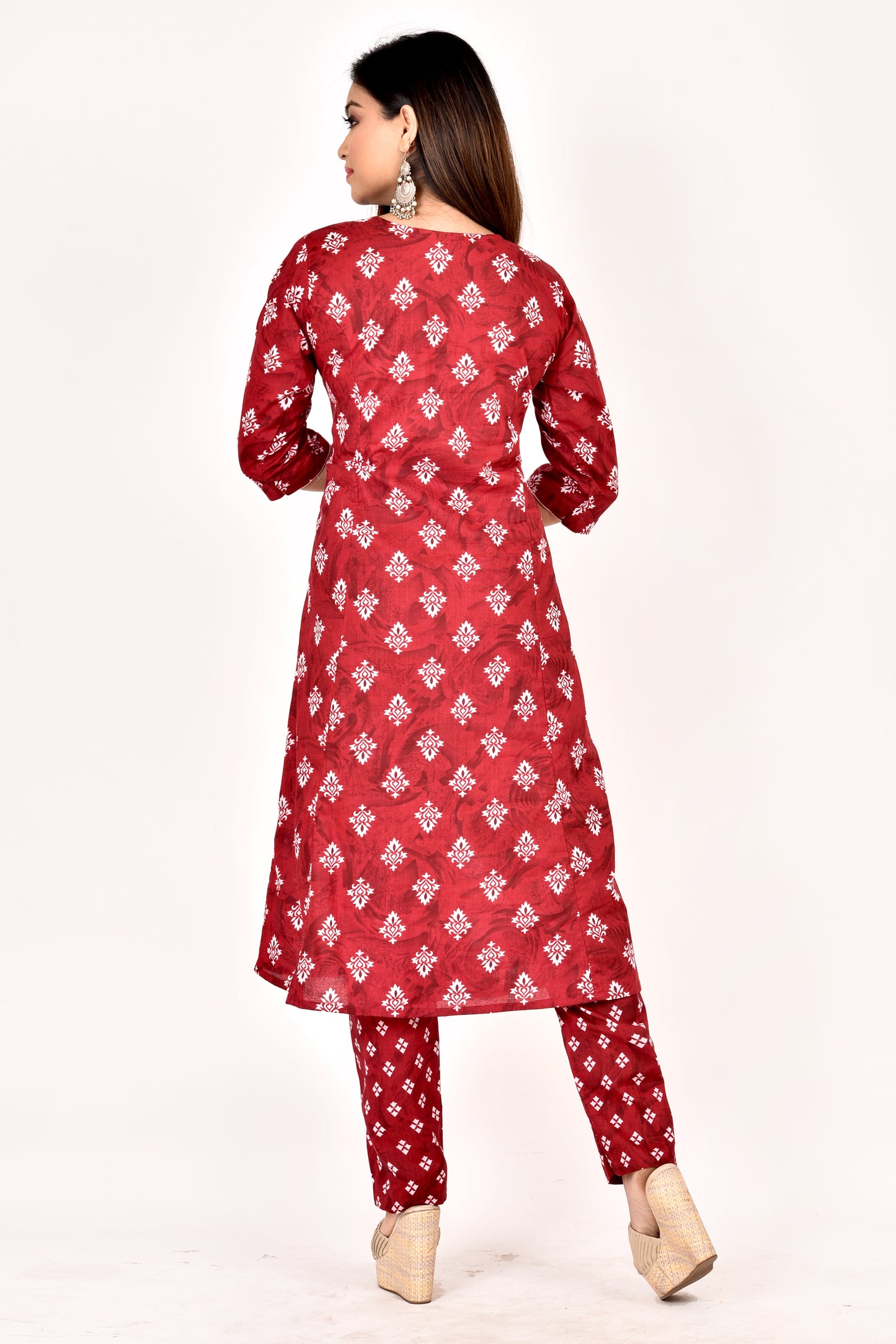 Maroon Geometric Print A-Line Kurta With Pant