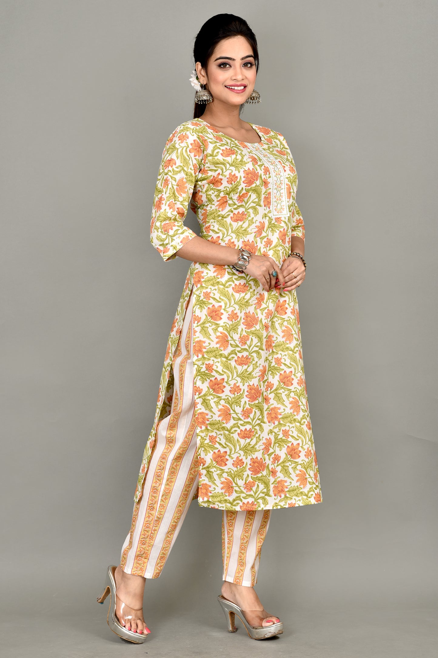 Off-White & Green Floral Print Embroidered Kurta With Pant