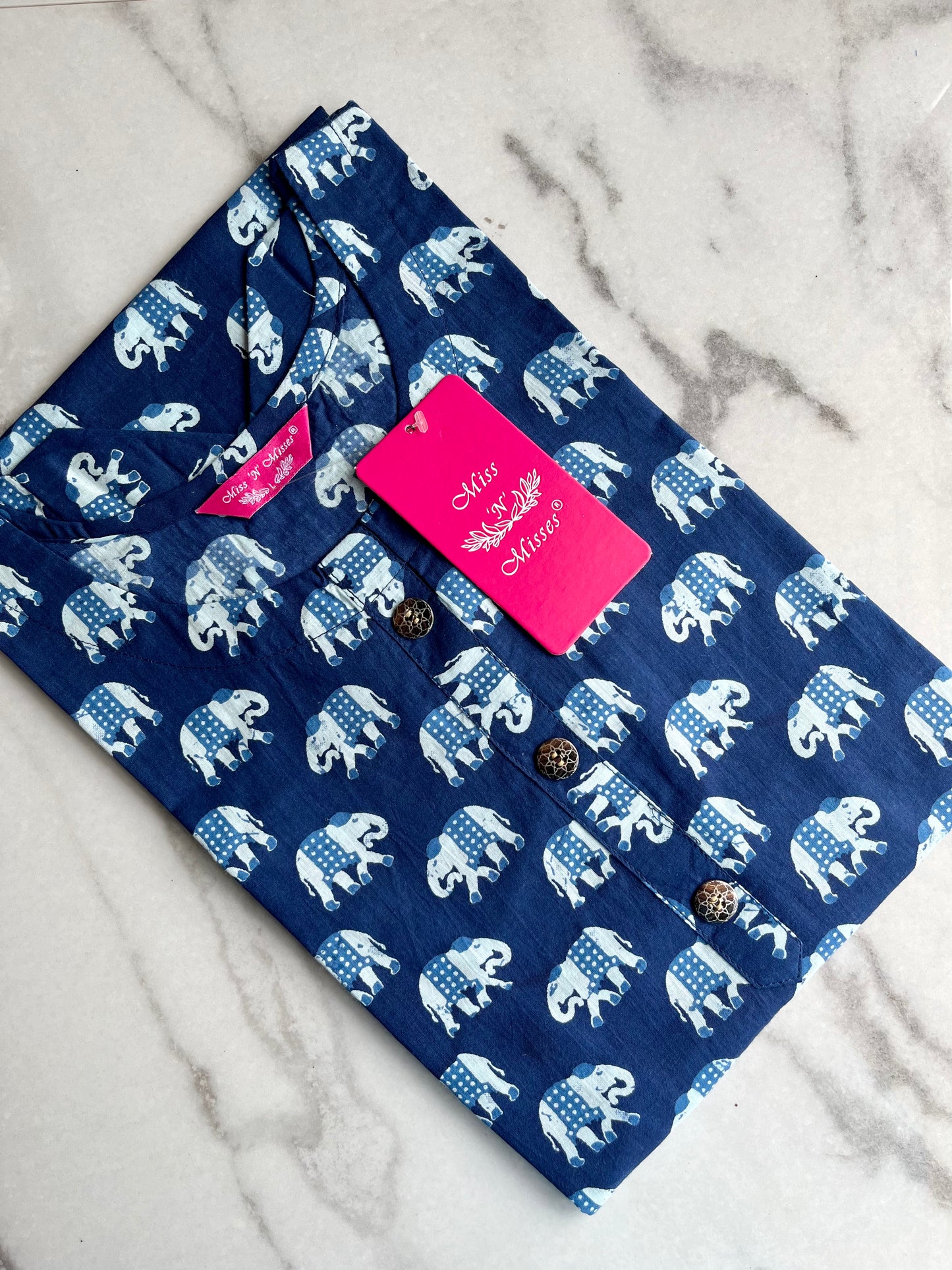 Indigo Blue Elephant Print Straight Kurta
