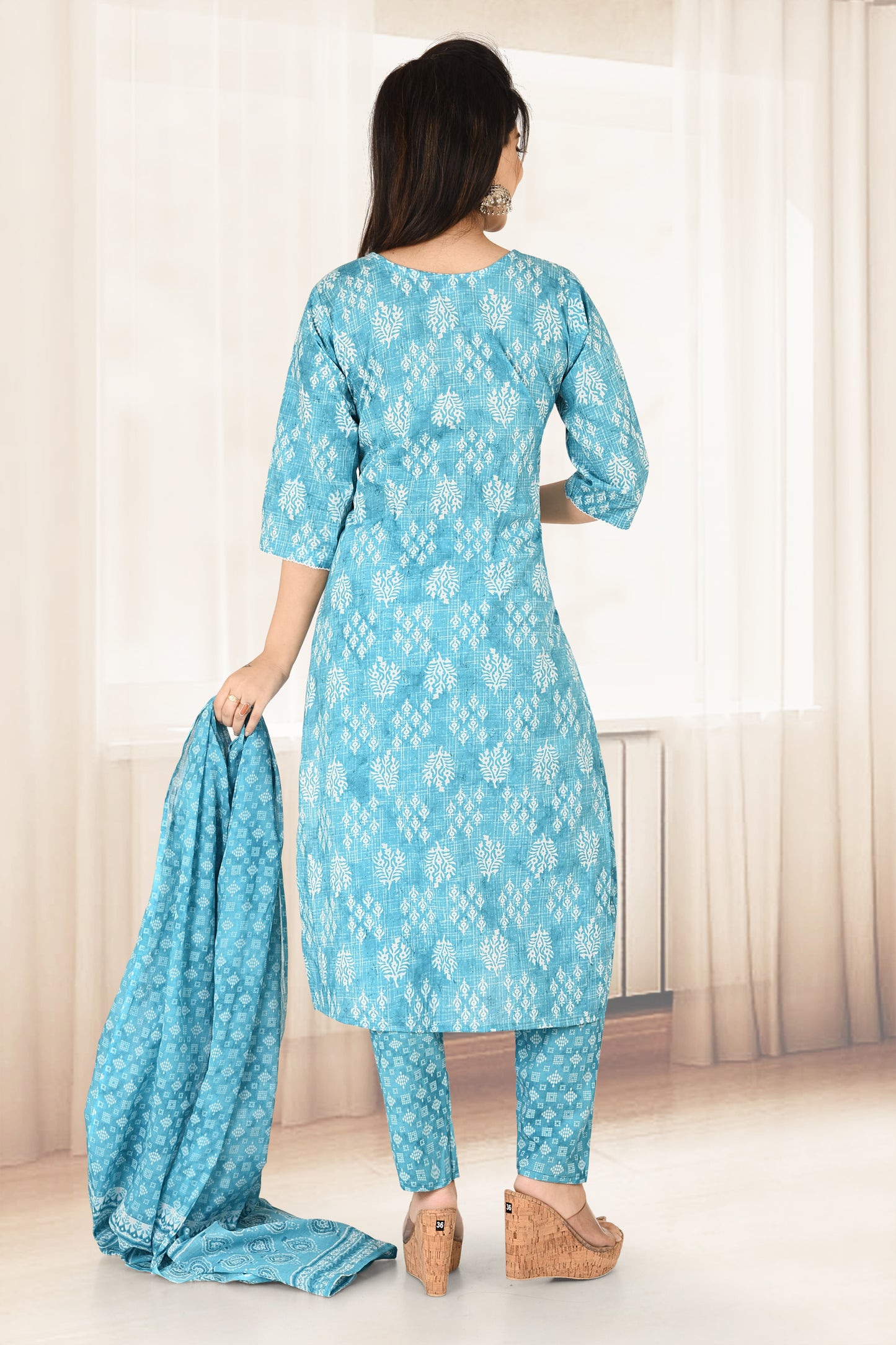 Aqua Blue Floral Print Kurta With Pant & Dupatta