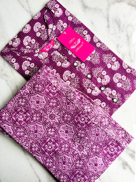 Midnight Purple Floral Print Threadwork Kurta Set