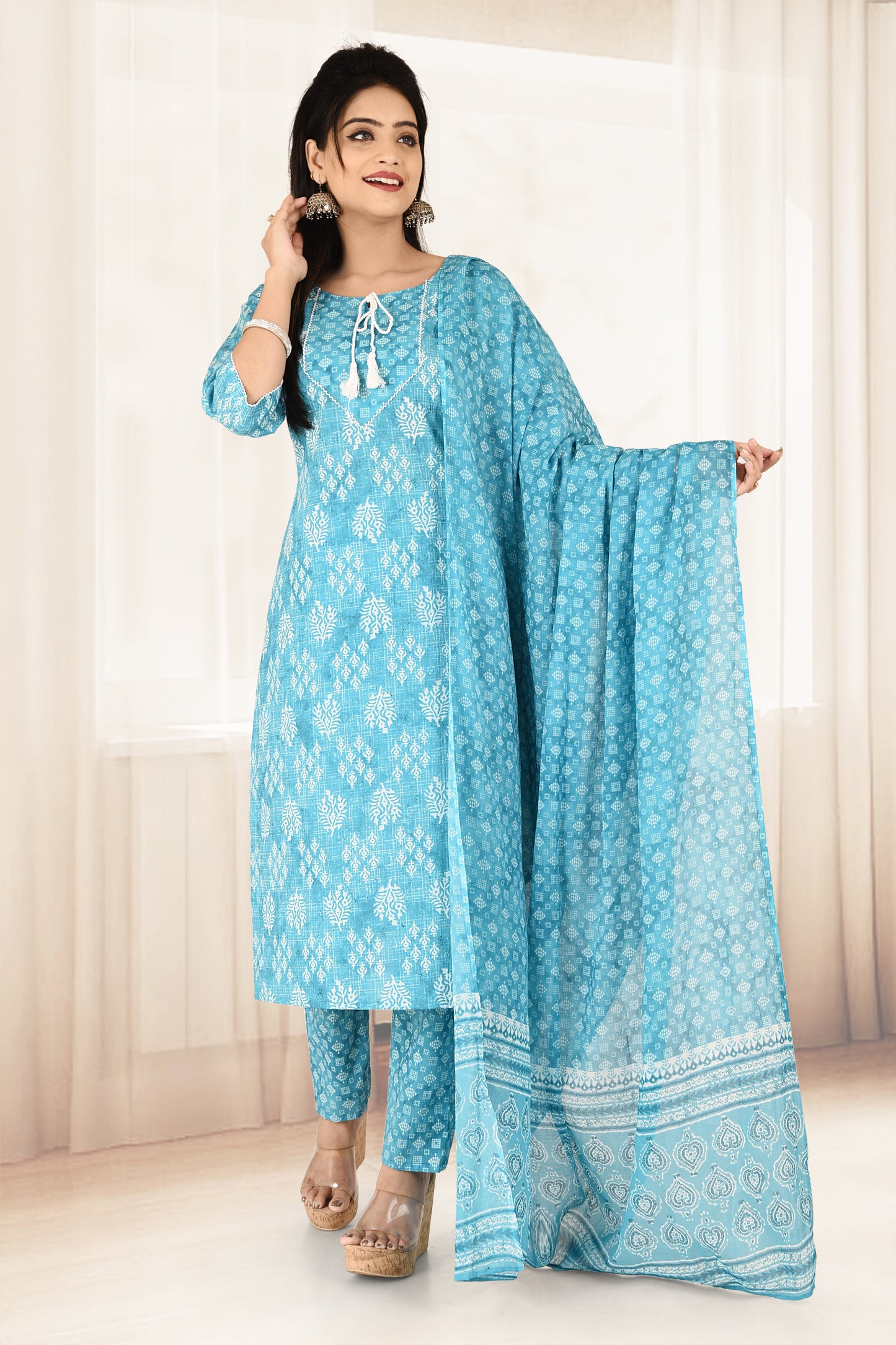 Aqua Blue Floral Print Kurta With Pant & Dupatta