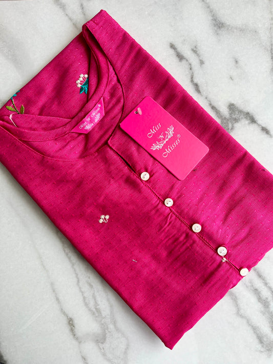 Magenta Pink Floral Embroidered Straight Kurta