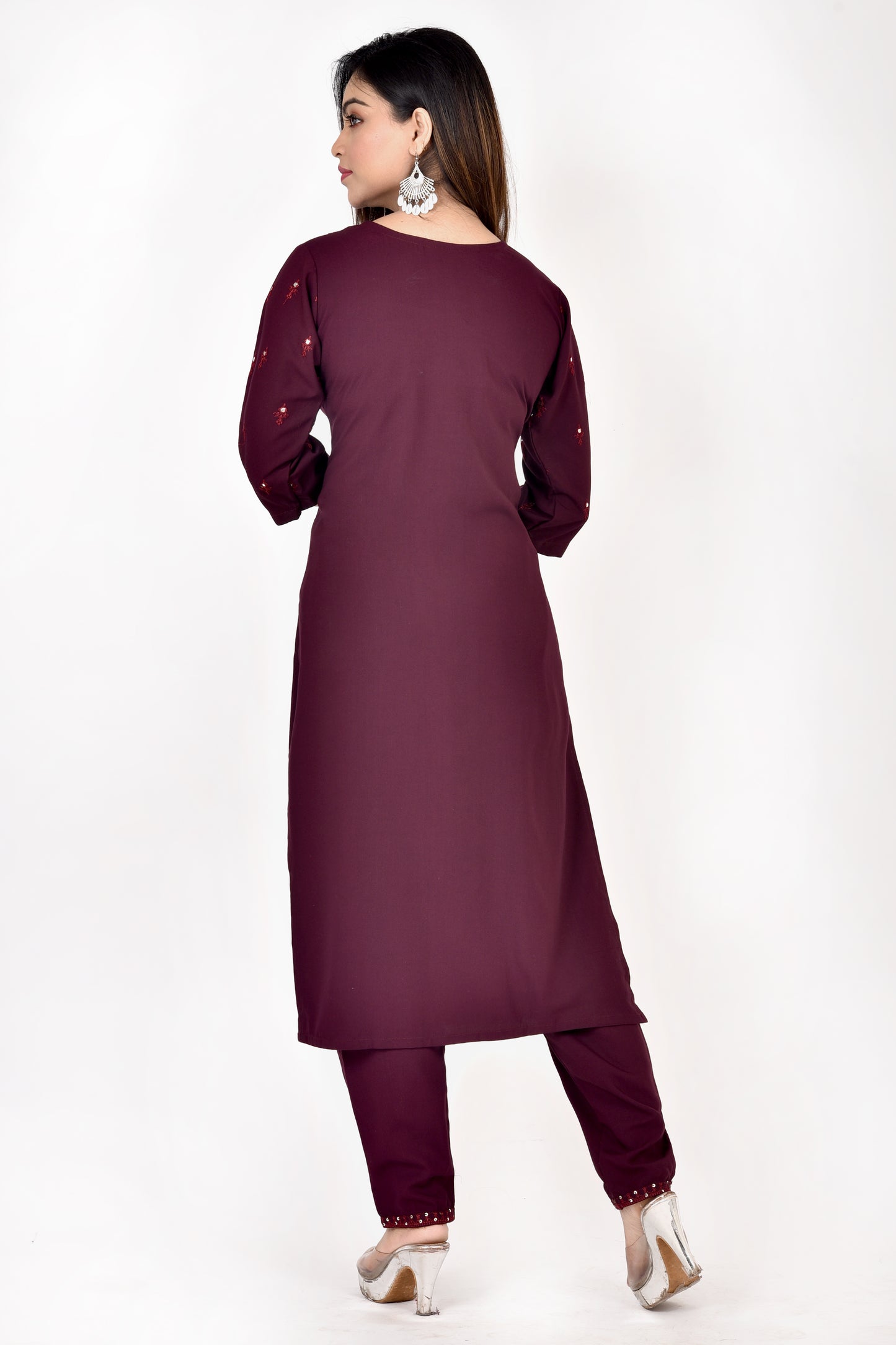 Dark Purple Embroidered Kurta With Pant
