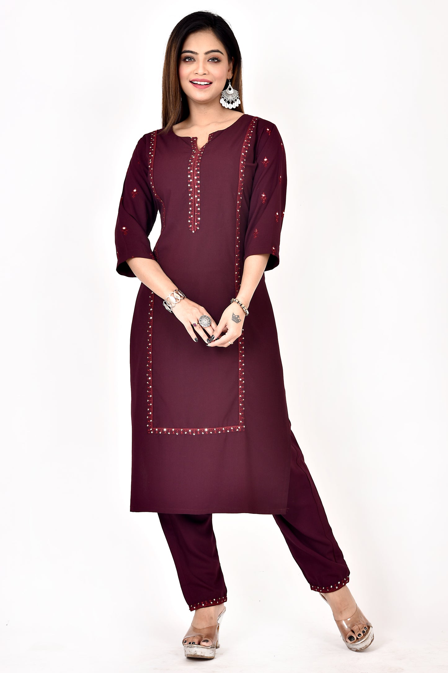 Dark Purple Embroidered Kurta With Pant