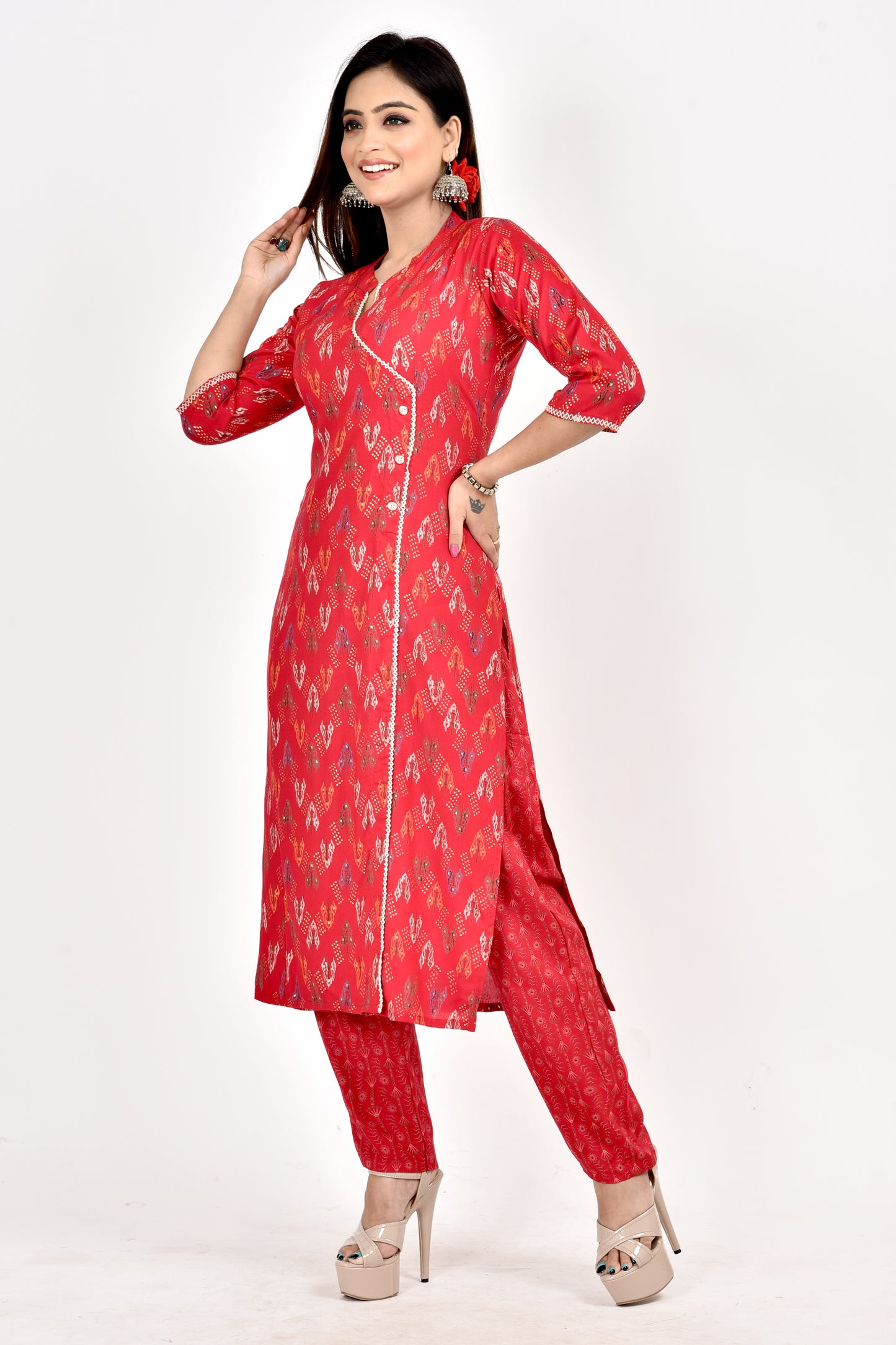 Red Geometric Print Angrakha Kurta With Pant