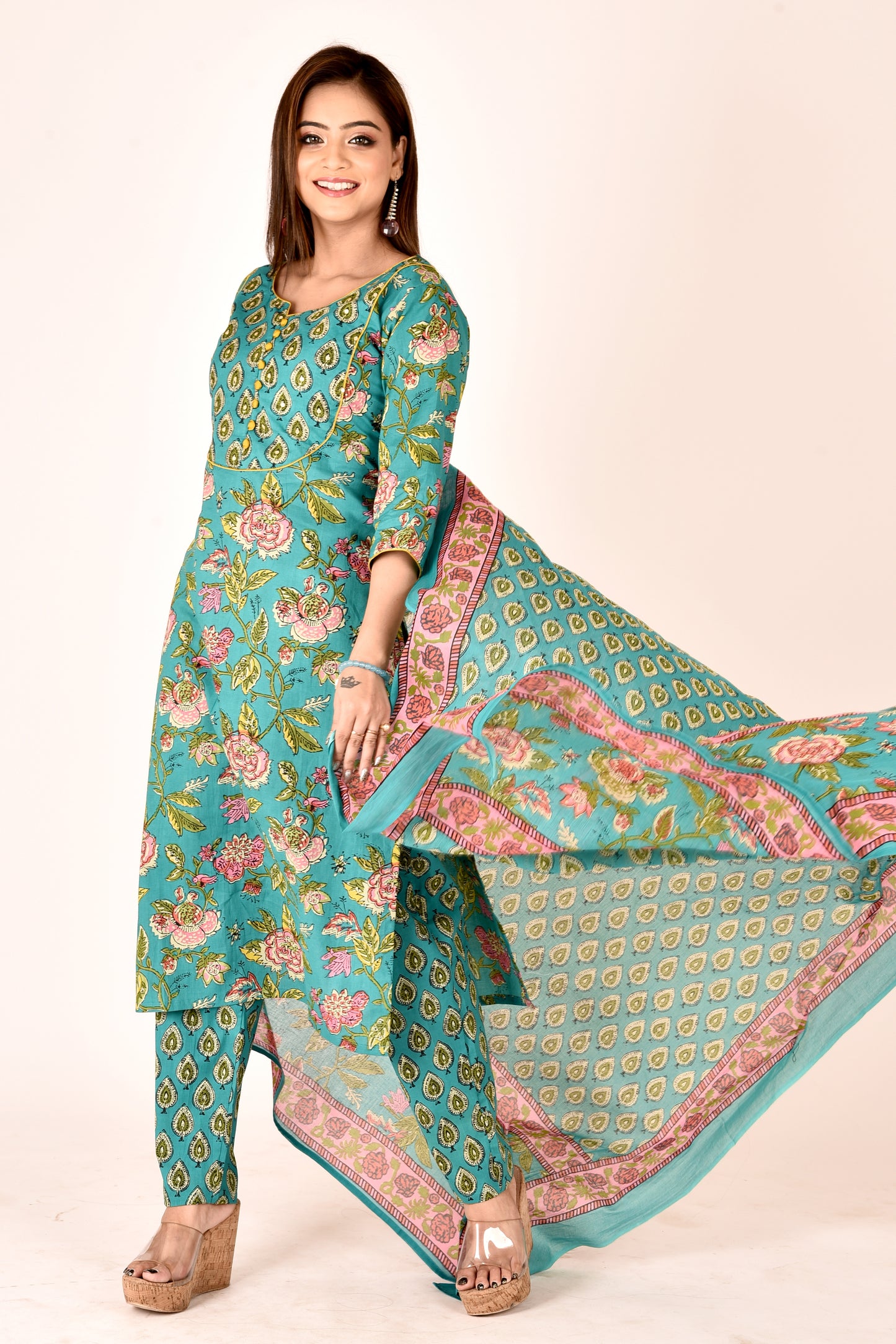 Turquoise Green Floral Print Kurta With Pant & Dupatta