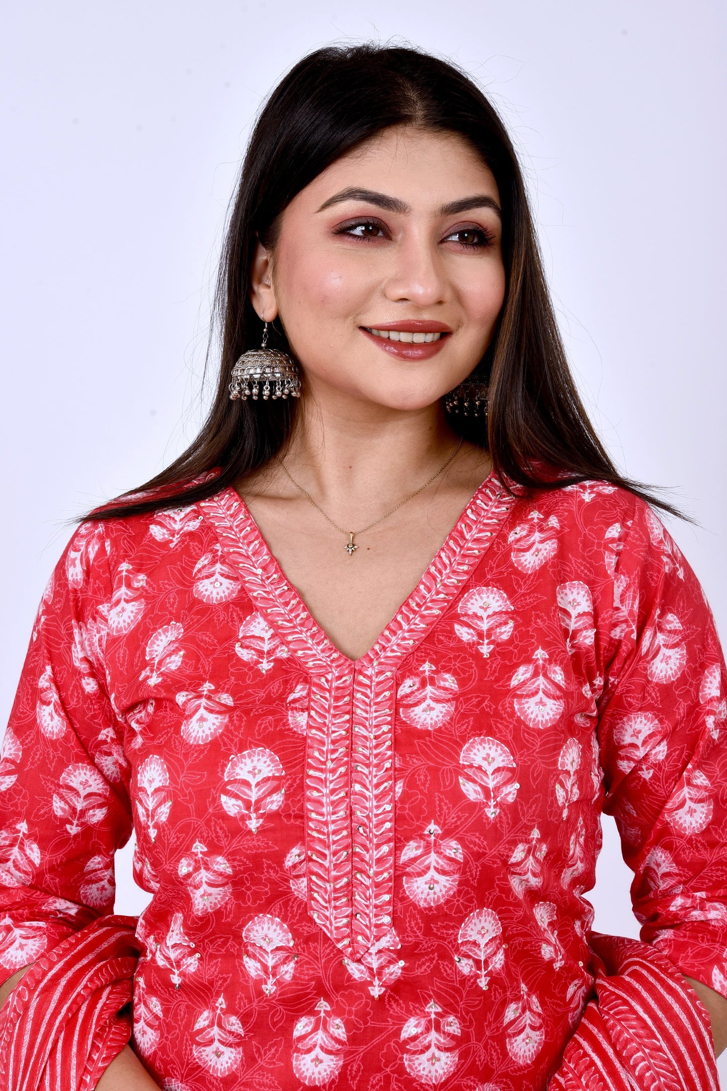 Red Hand Embroidered Kurta With Pant & Dupatta