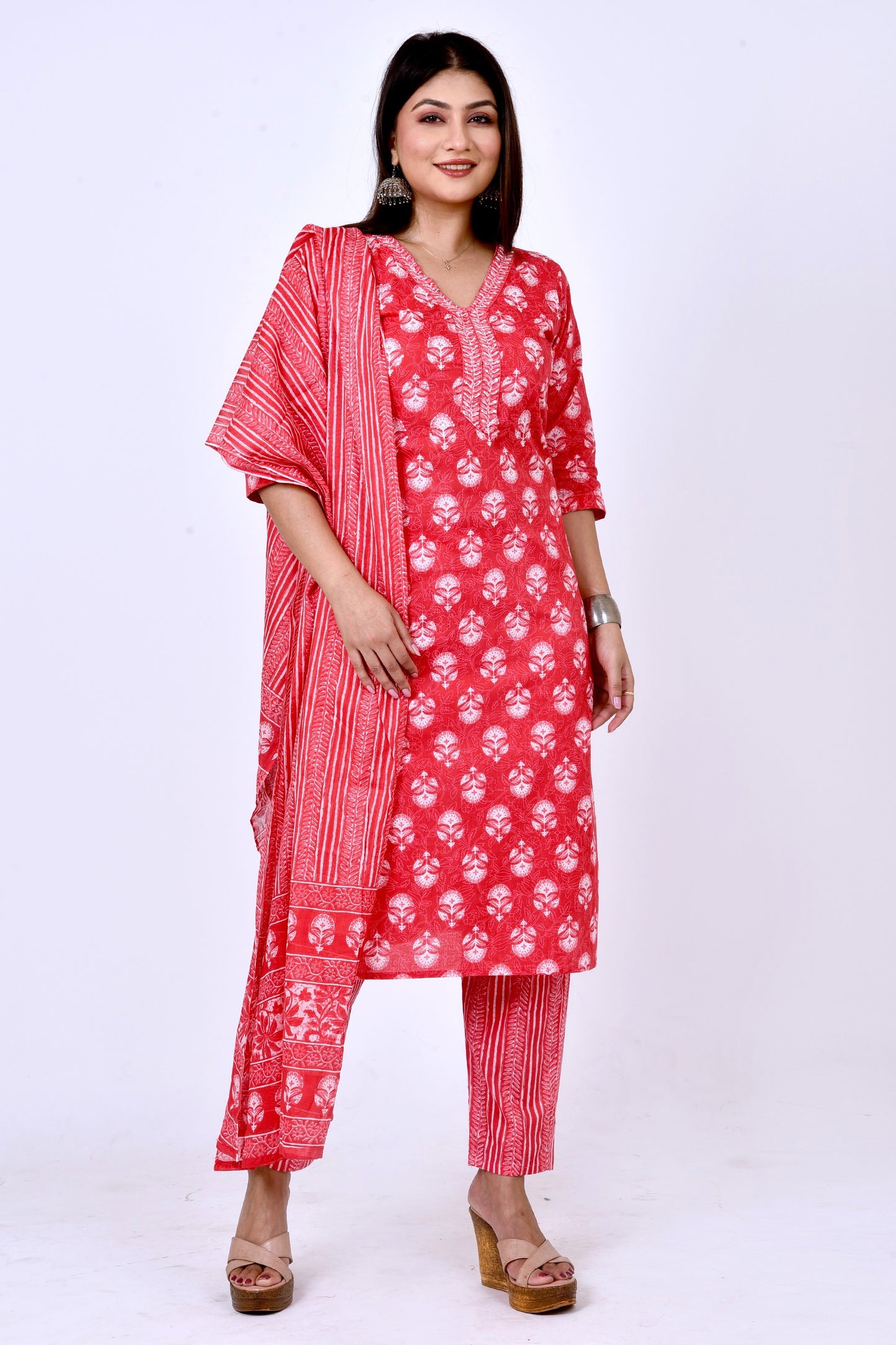 Red Hand Embroidered Kurta With Pant & Dupatta