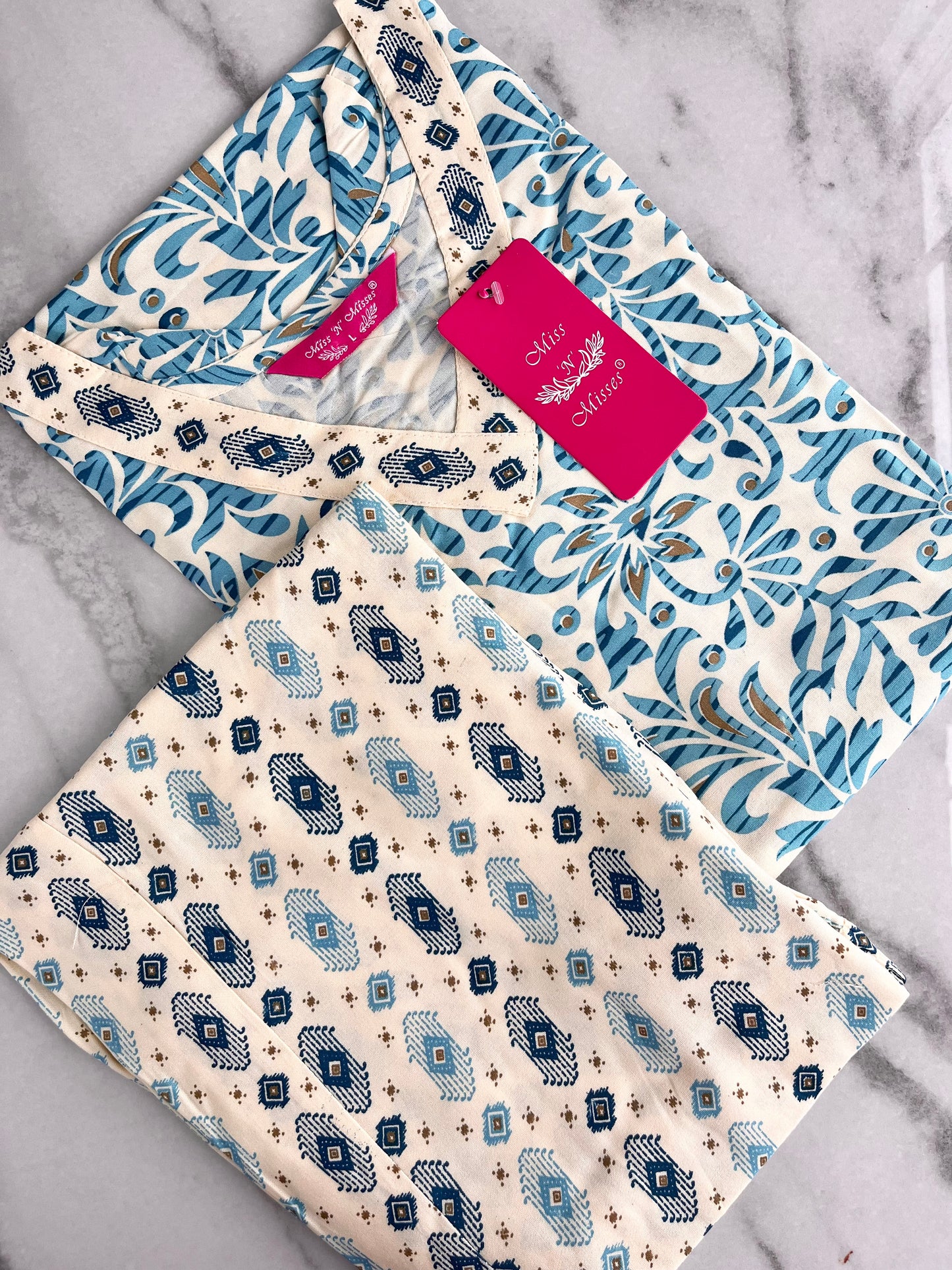 Aqua Blue Floral Print Kurta With Pant