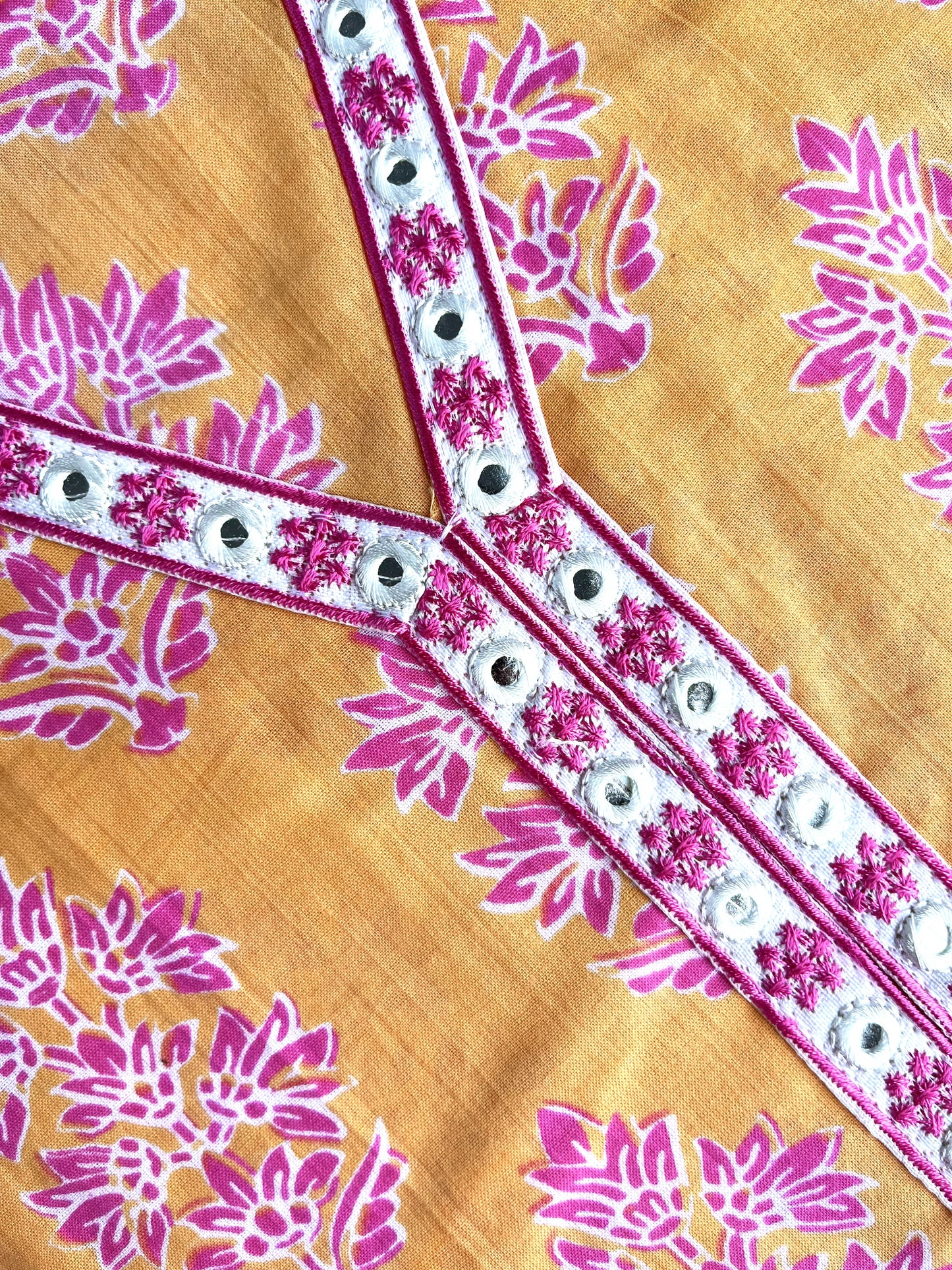 Yellow & Pink Floral Print Embroidered Kurta With Pant