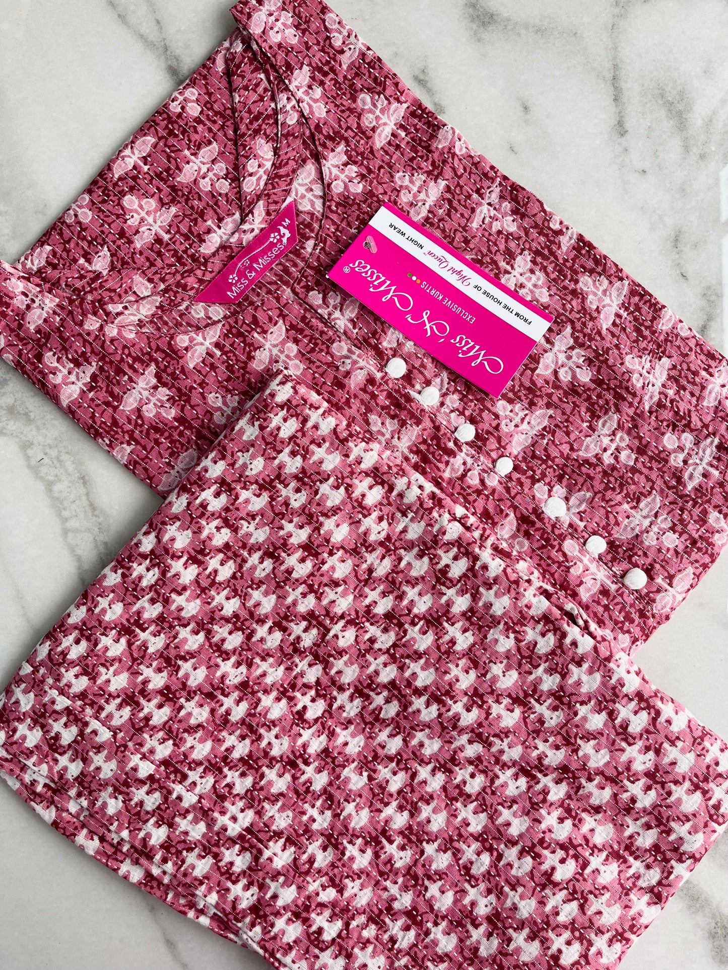 Brown Pink Print Threadwork Kurta With Pant