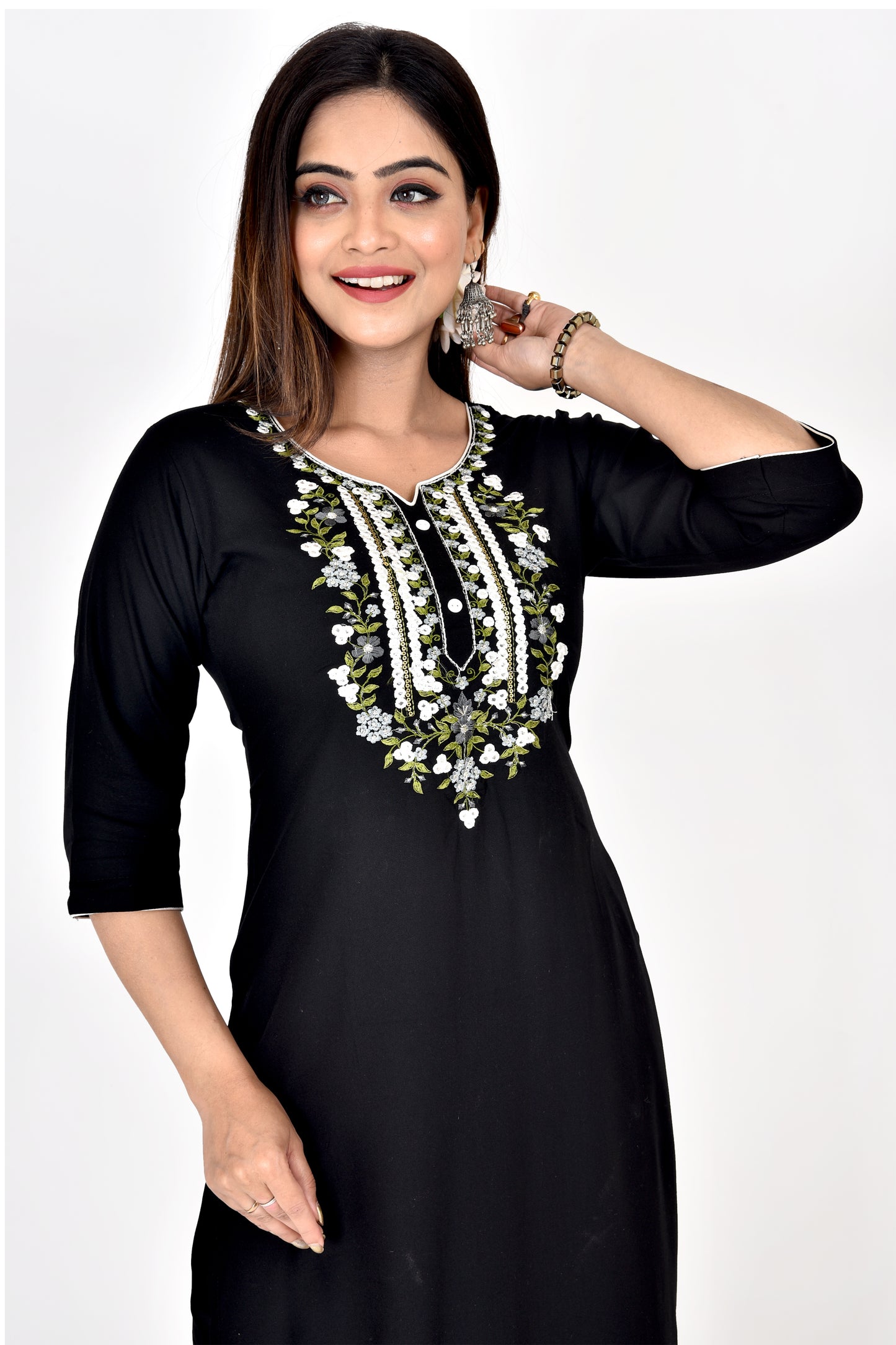 Jet Black Floral Embroidered Kurta With Palazzo