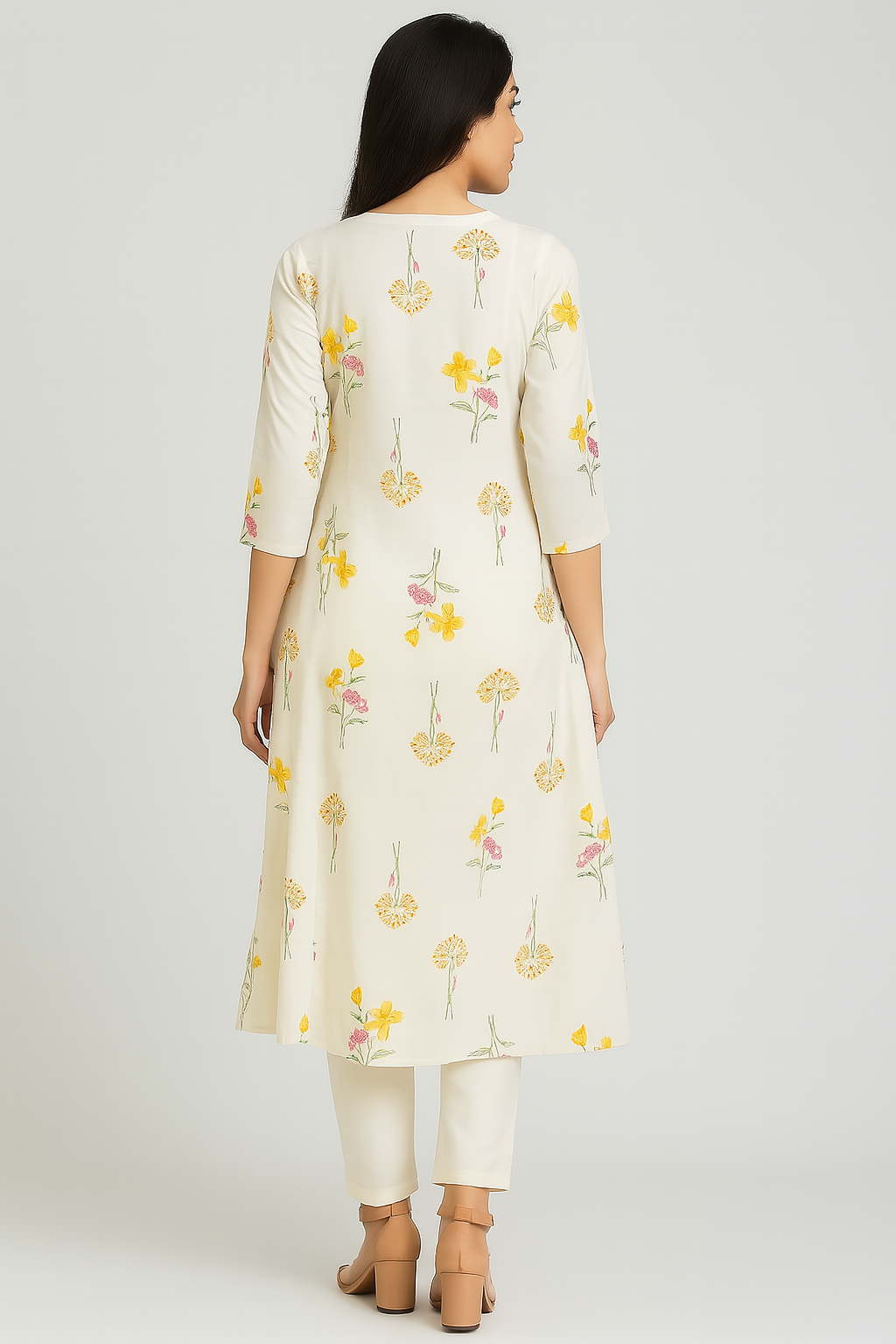Off-White Floral Print A-Line Kurta