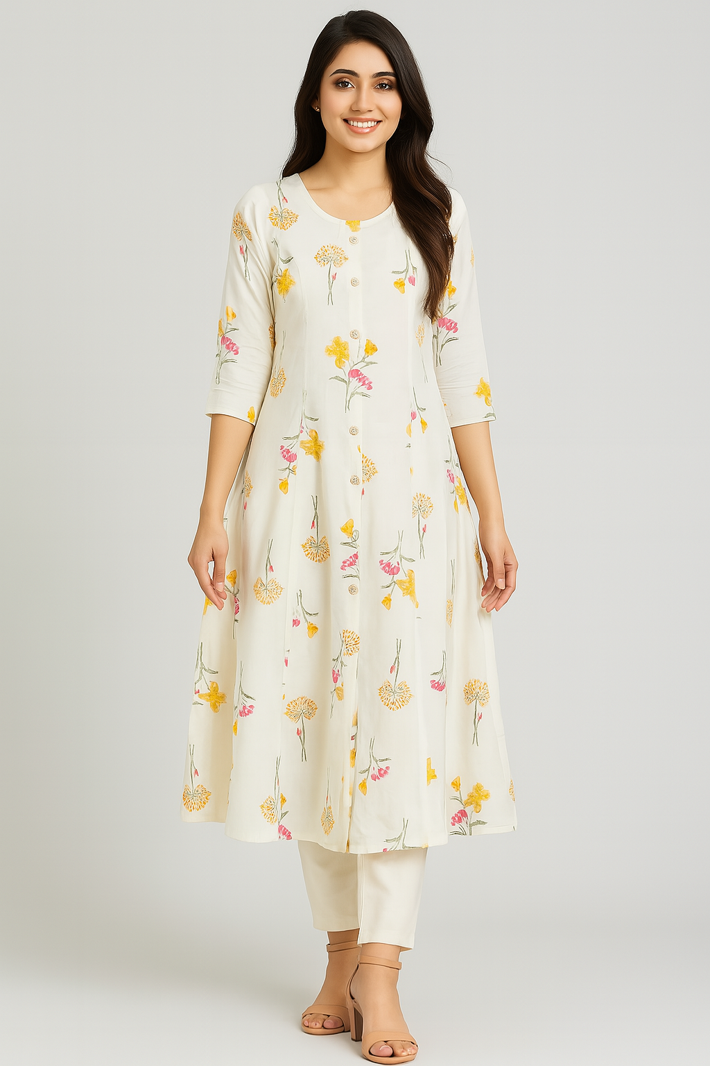 Off-White Floral Print A-Line Kurta