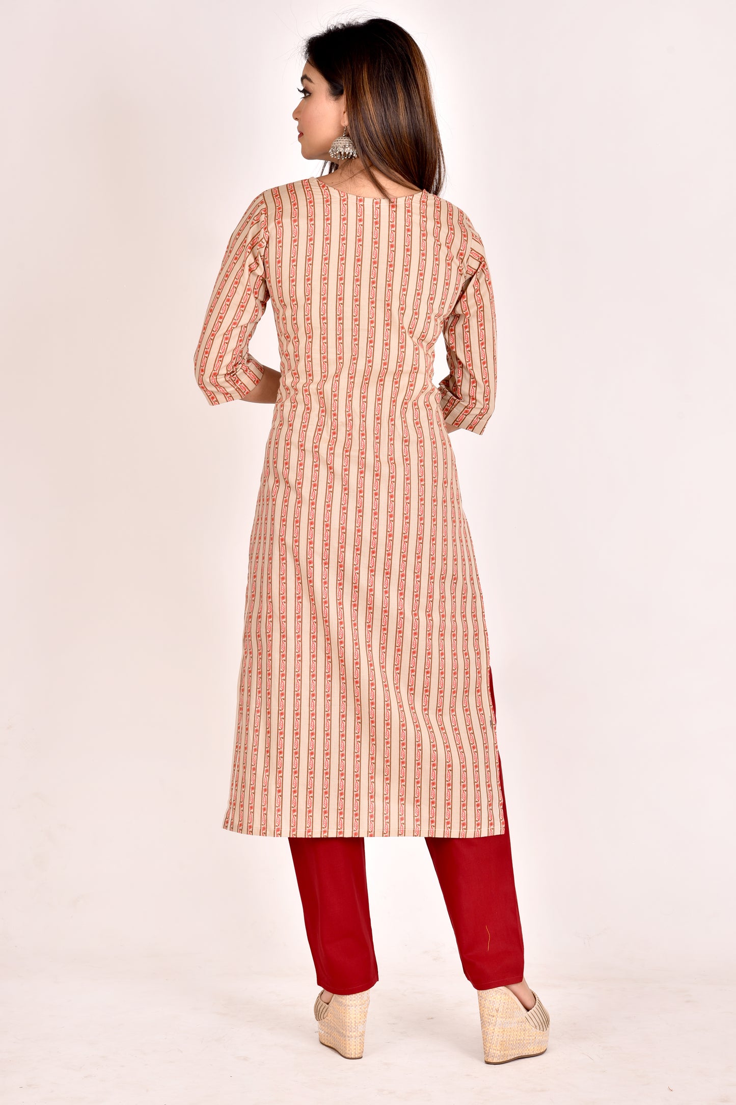 Beige Striped Straight Kurta