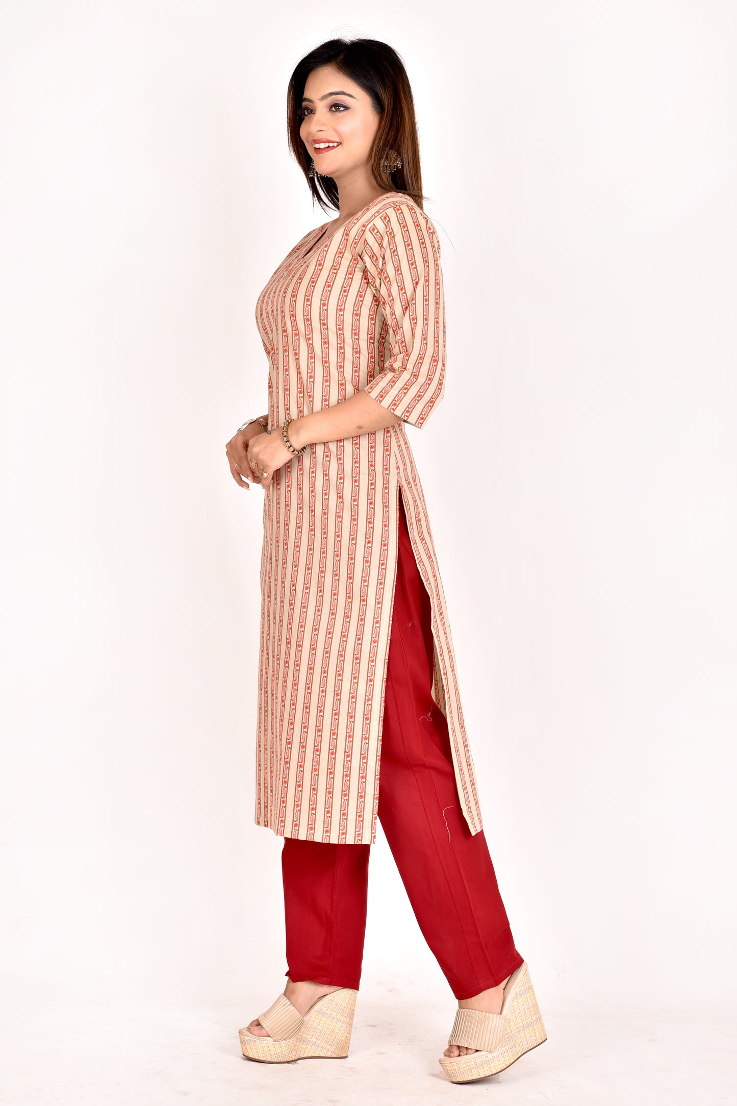 Beige Striped Straight Kurta