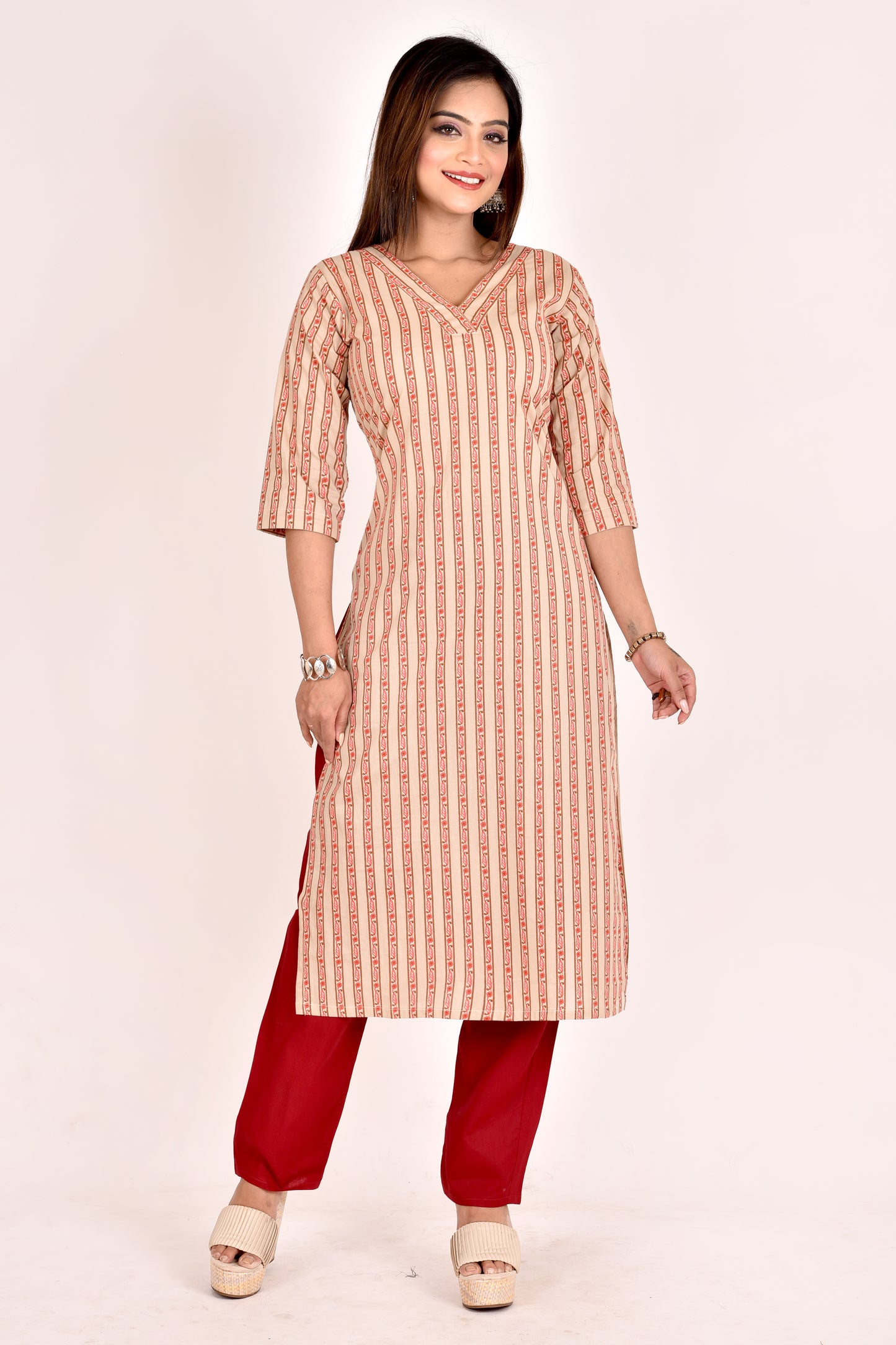 Beige Striped Straight Kurta