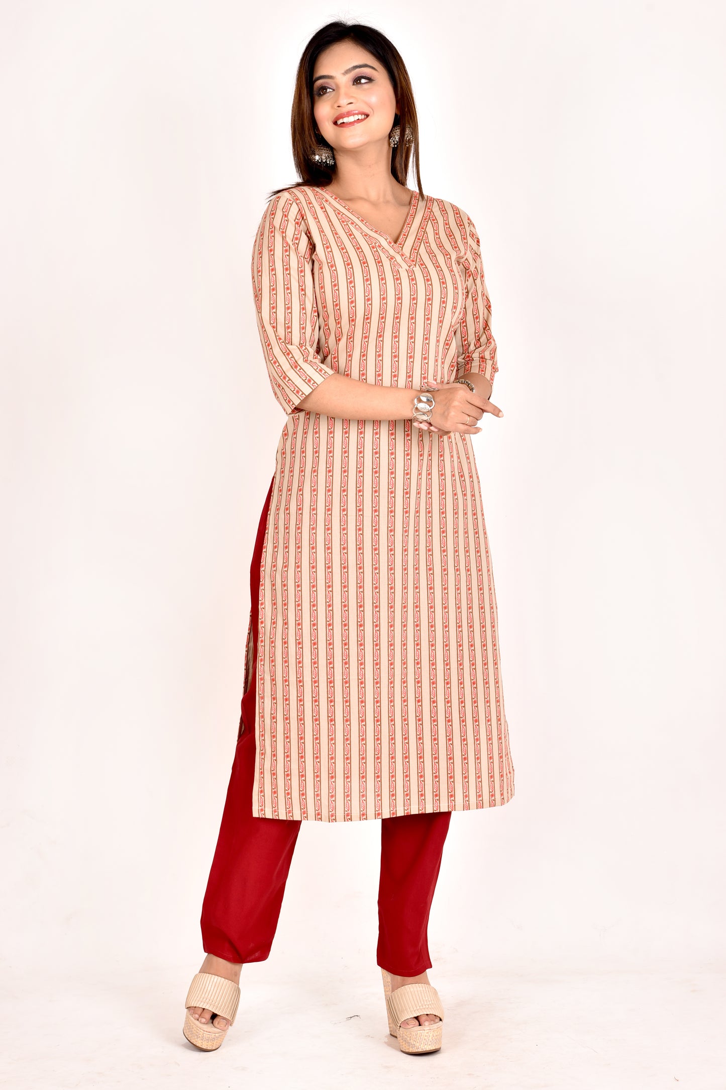 Beige Striped Straight Kurta