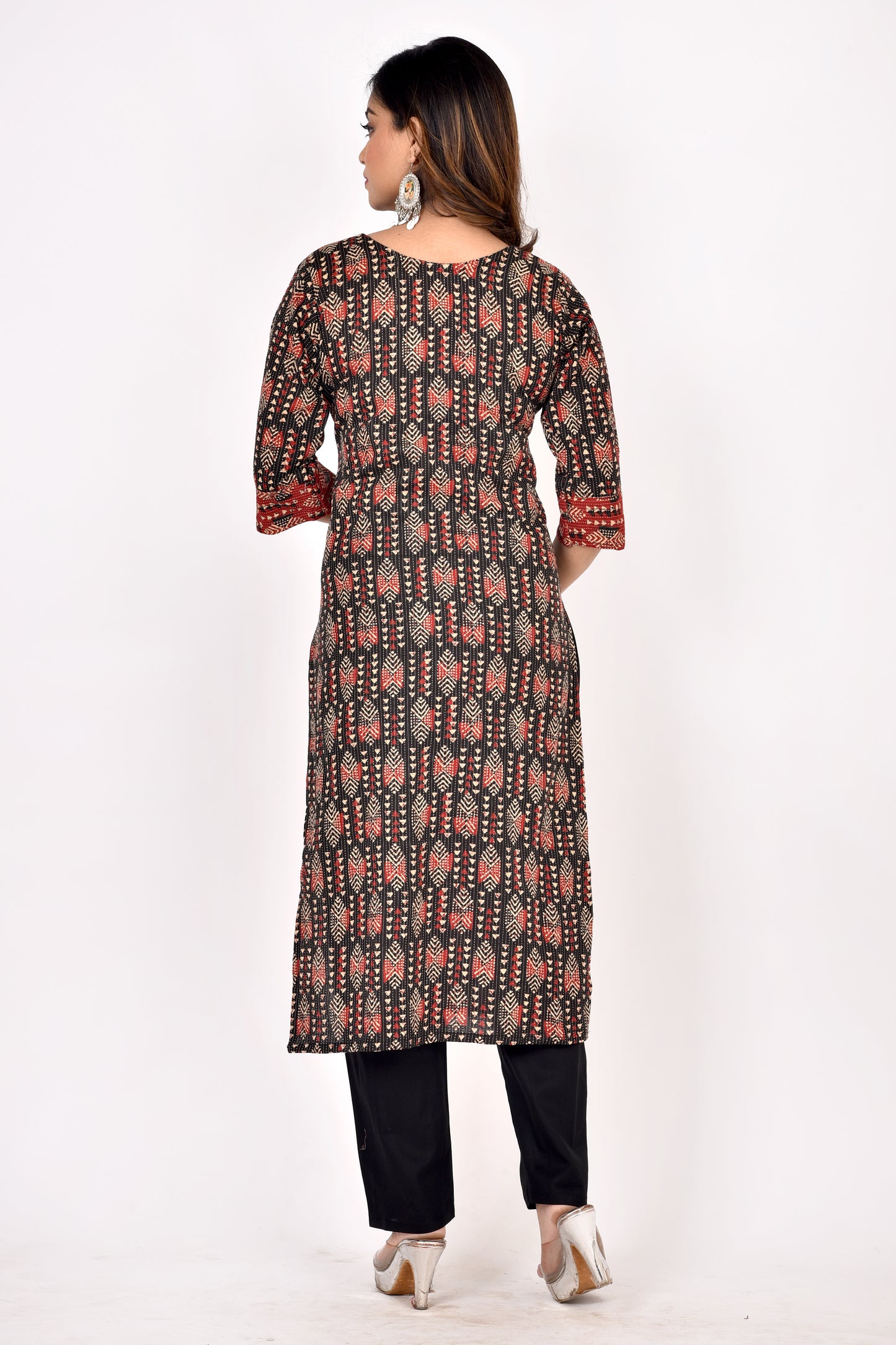 Black Red Mix & Match Geometric Print Straight Kurta