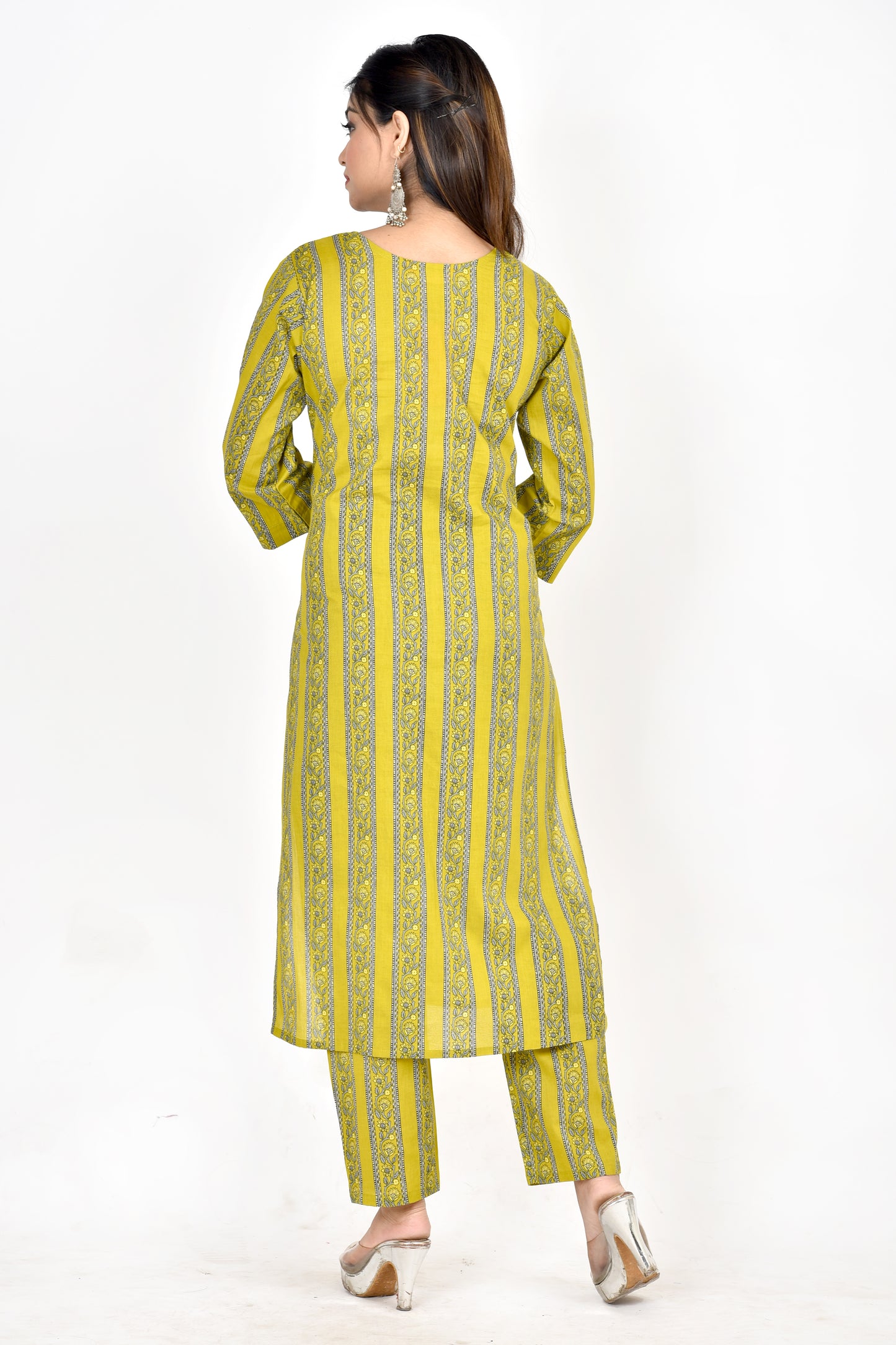 Mehendi Green Striped Straight Kurta