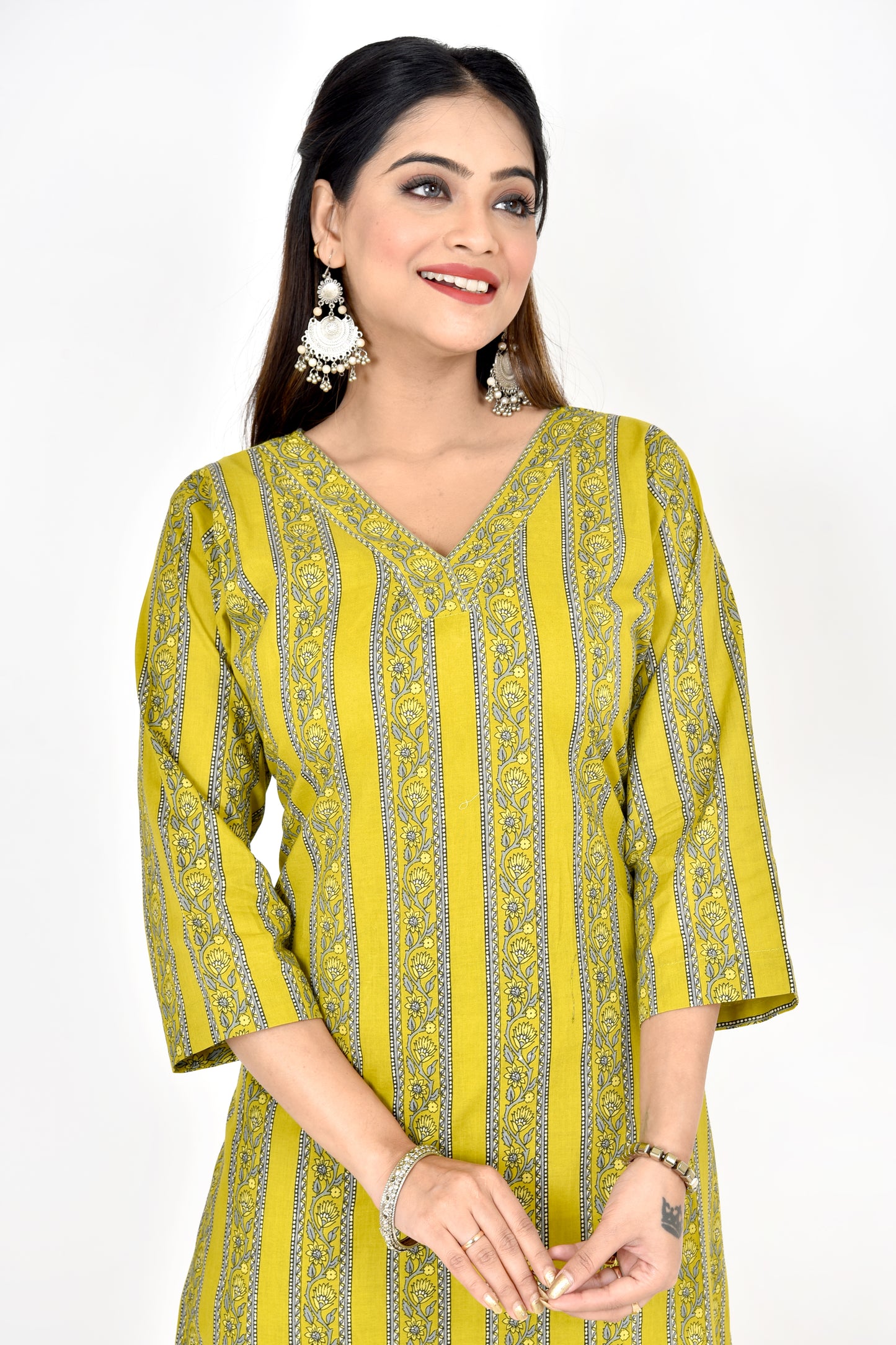 Mehendi Green Striped Straight Kurta