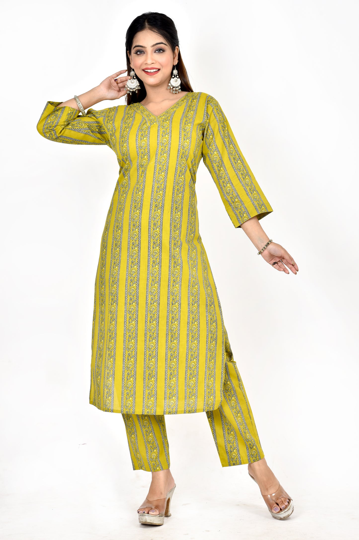 Mehendi Green Striped Straight Kurta