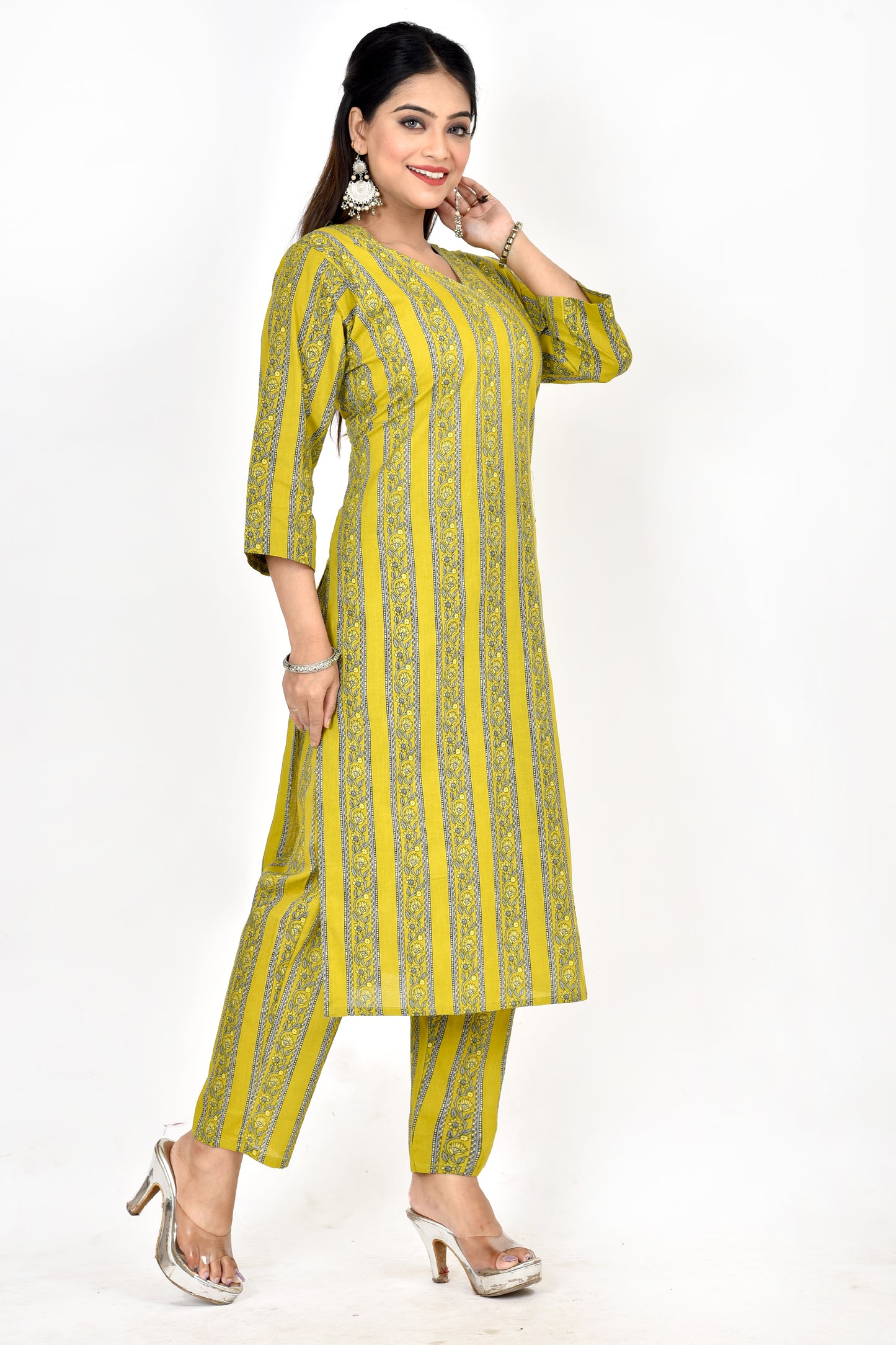 Mehendi Green Striped Straight Kurta