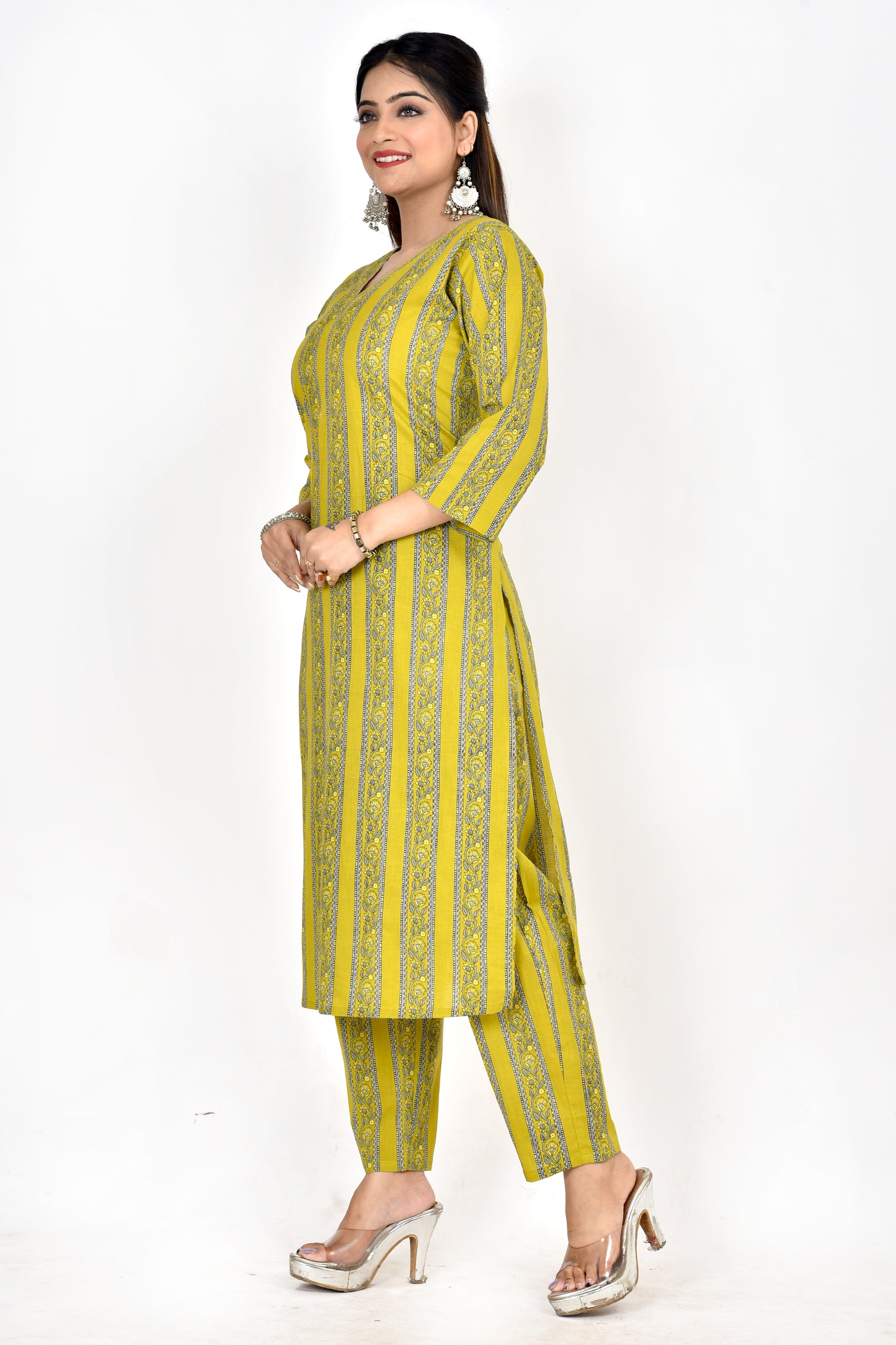 Mehendi Green Striped Straight Kurta