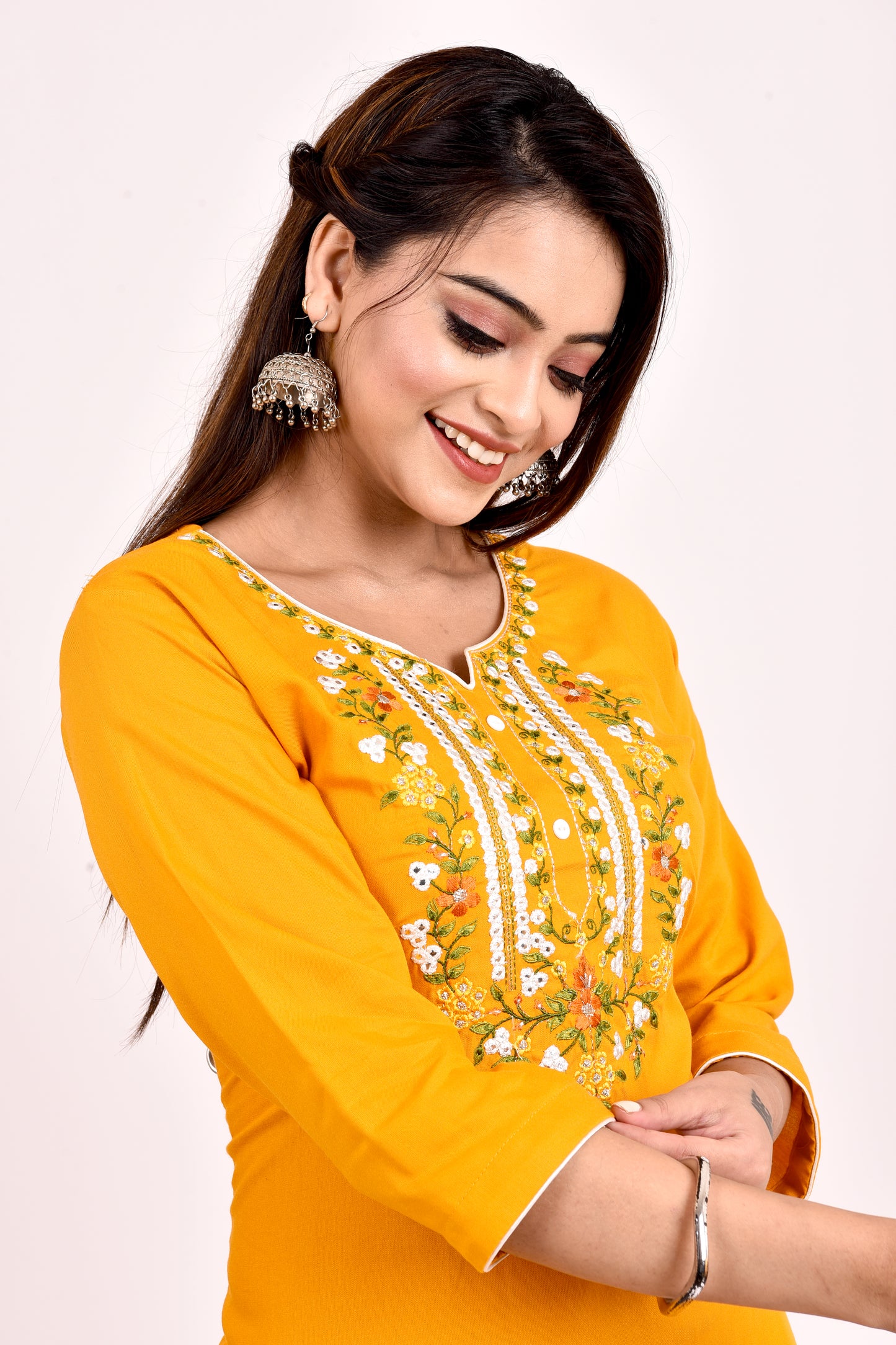 Yellow Gold Floral Embroidered Kurta With Palazzo