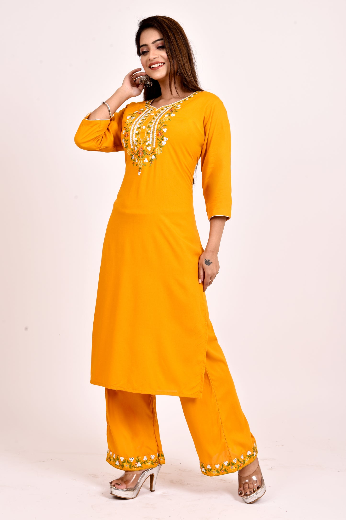 Yellow Gold Floral Embroidered Kurta With Palazzo