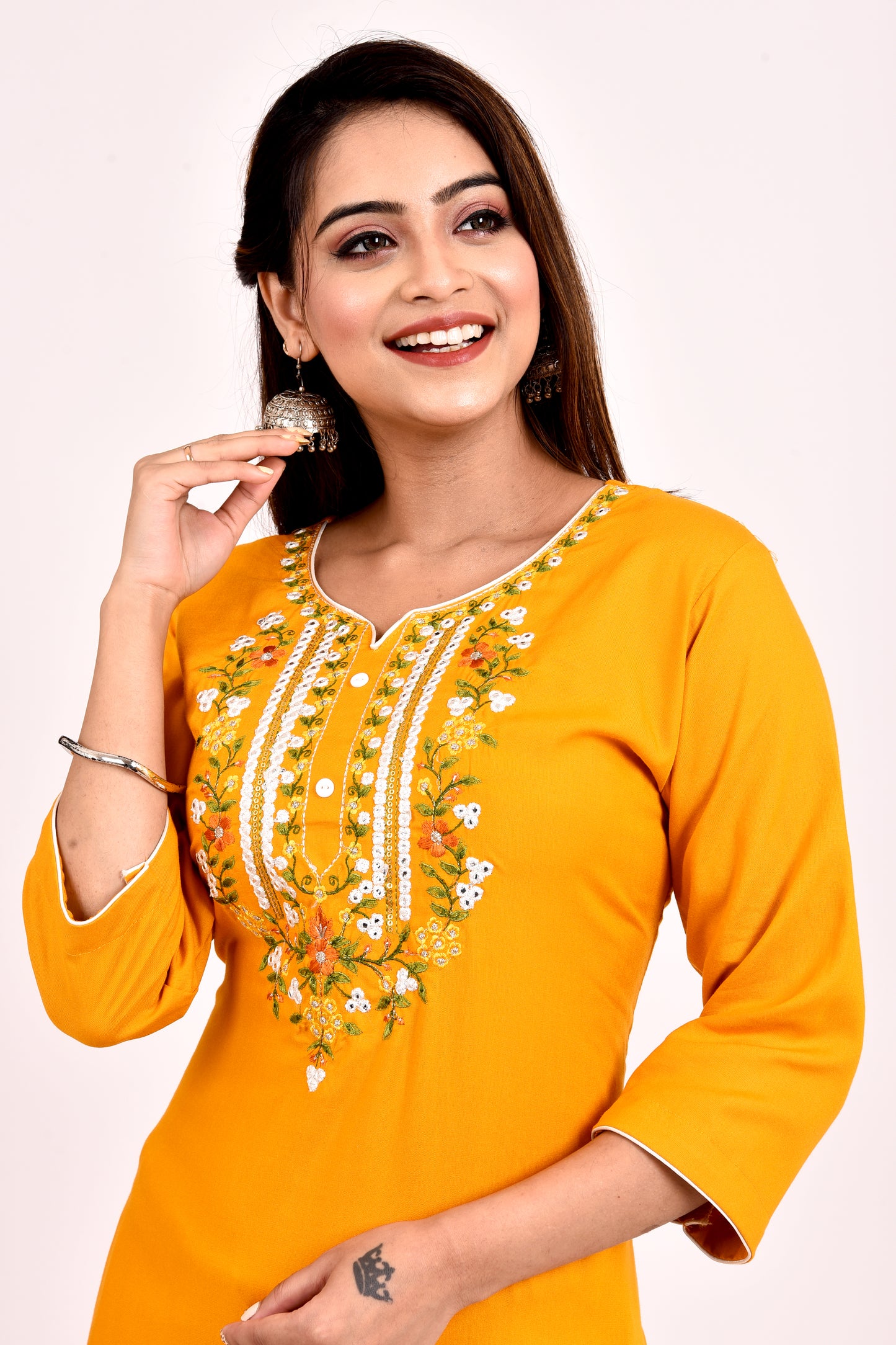 Yellow Gold Floral Embroidered Kurta With Palazzo