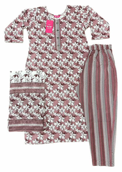 Dusty Pink Floral Print Kurta With Pant & Dupatta