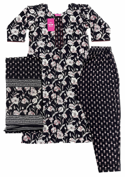 Black Floral Print Kurta With Pant & Dupatta