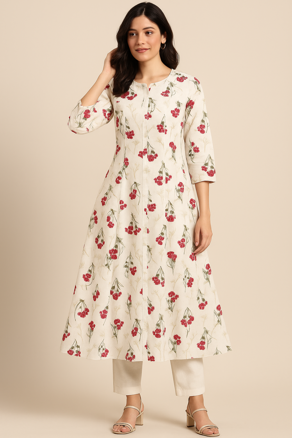 Off-White & Red Floral Print A-Line Kurta