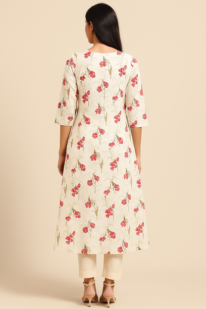 Off-White & Red Floral Print A-Line Kurta