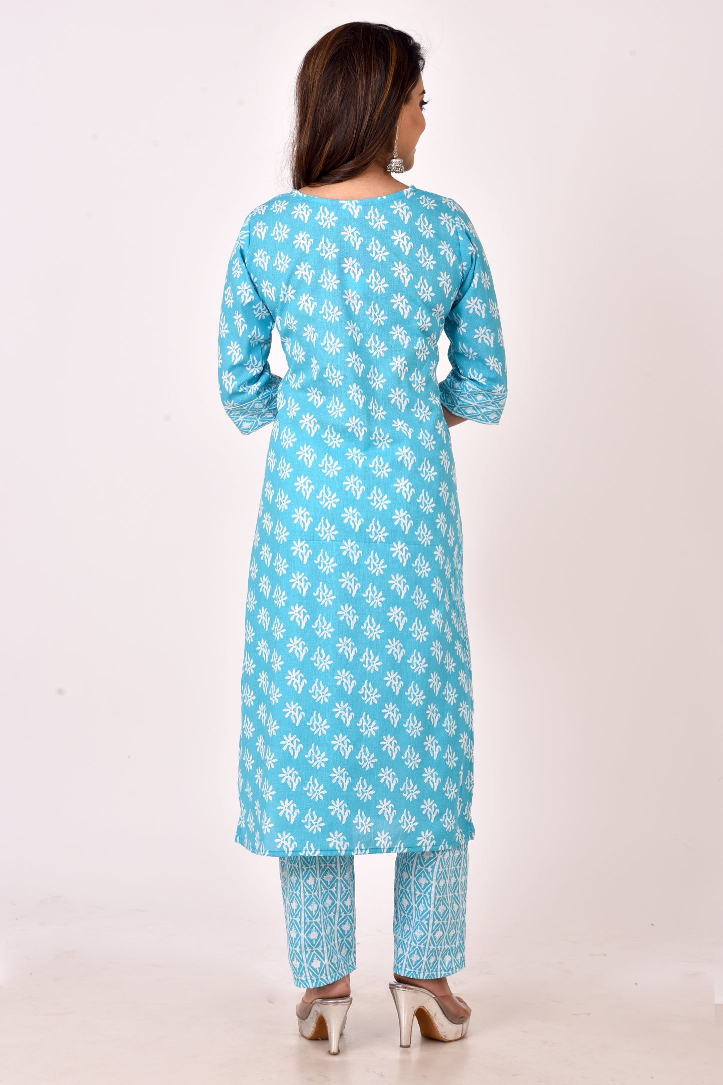 Aqua Blue Floral Print Kurta With Pant