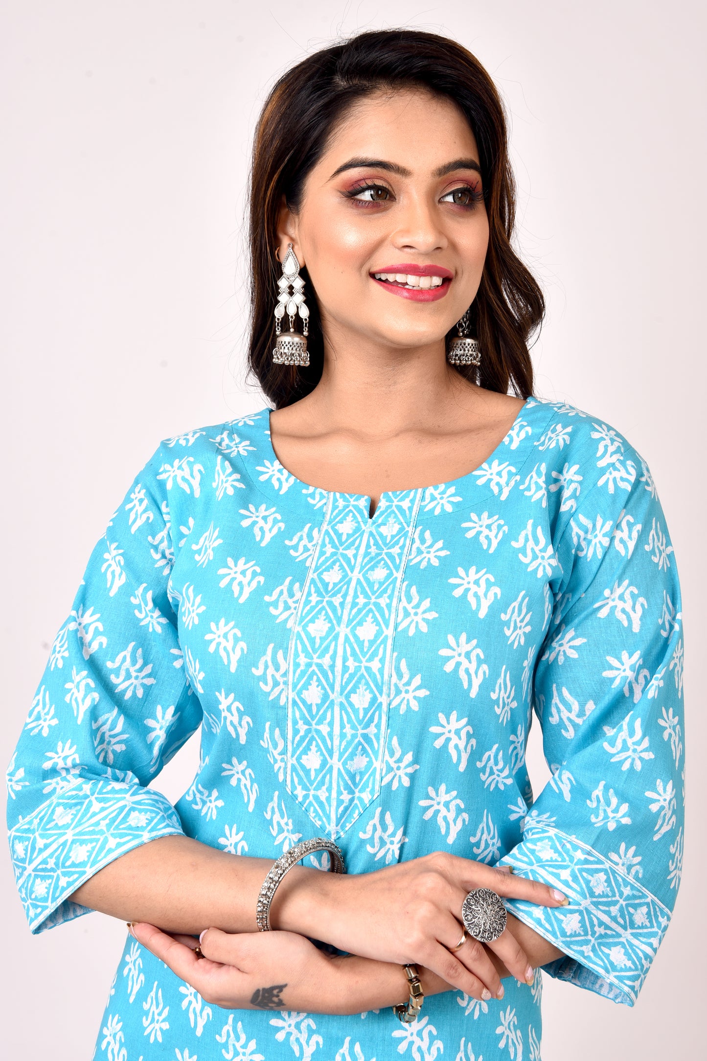 Aqua Blue Floral Print Kurta With Pant