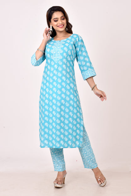 Aqua Blue Floral Print Kurta With Pant