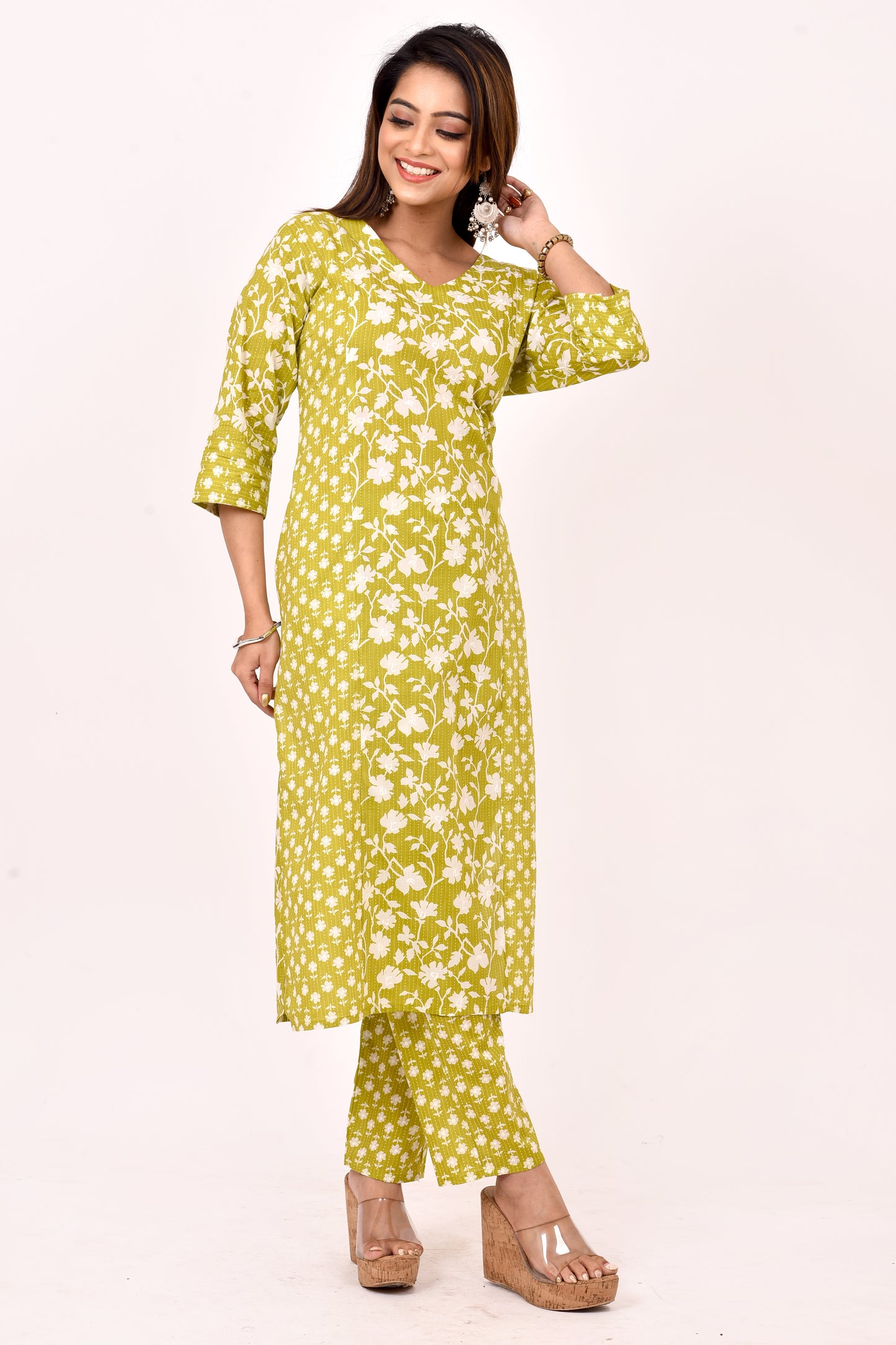 Lime Green Mix & Match Floral Kurta With Pant