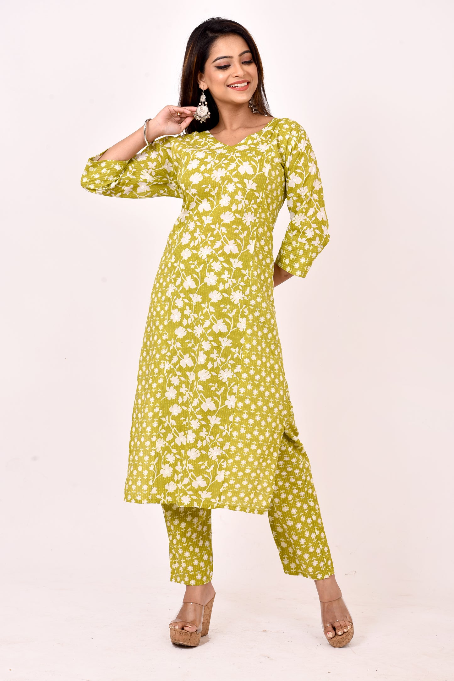 Lime Green Mix & Match Floral Kurta With Pant