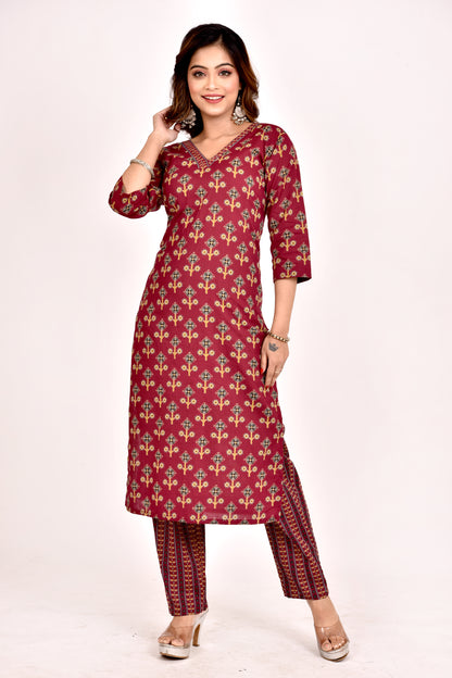 Wine Floral Print Kurta With Pant