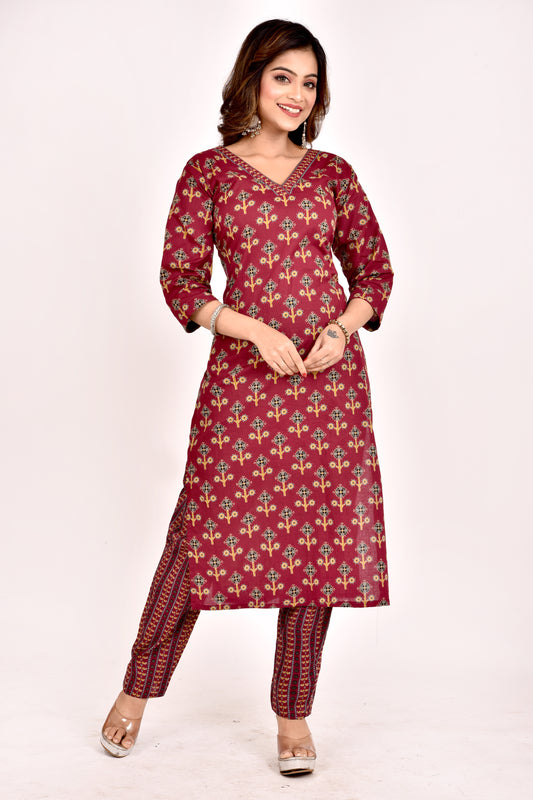 Burgundy Floral Print Kurta With Pant