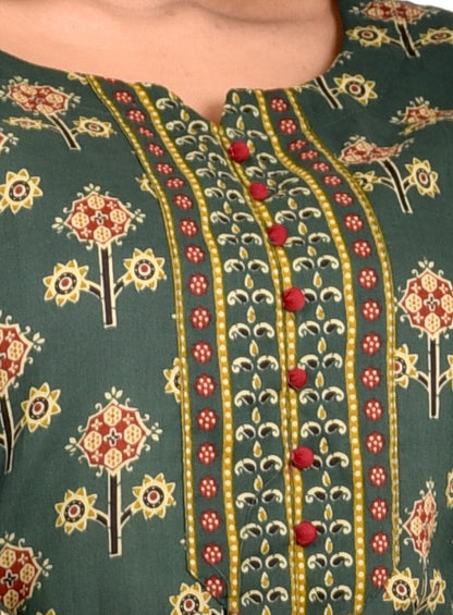 Forest Green Floral Print Kurta With Pant