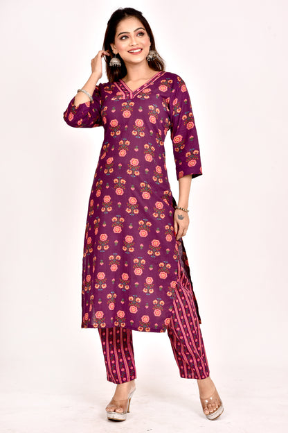 Mulberry Purple Floral Print Kurta With Pant
